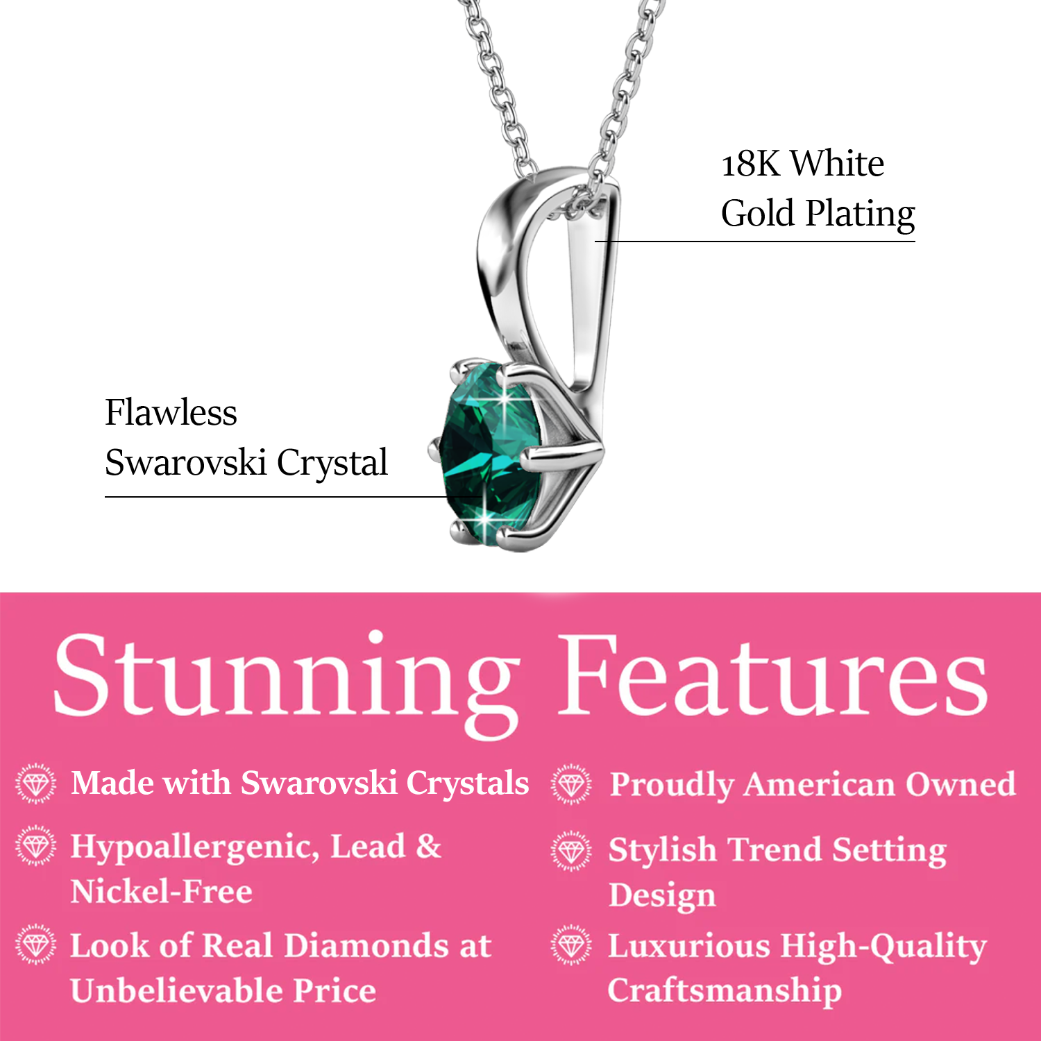 May Birthstone Emerald Necklace 18k White Gold Plated Solitaire Necklace with 1CT Swarovski Crystal