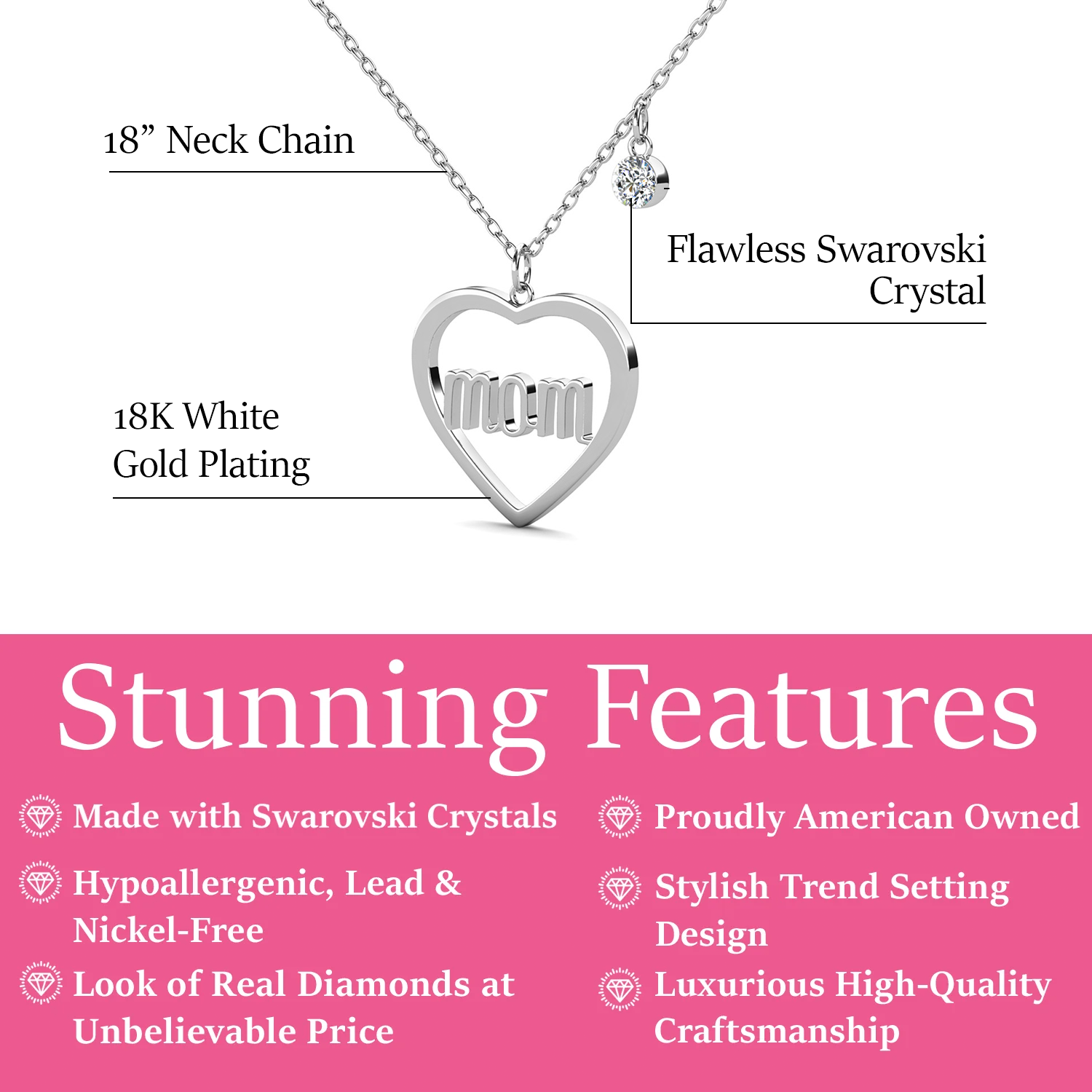 Melody 18k White Gold Plated Mom Heart Necklace with Swarovski Crystal