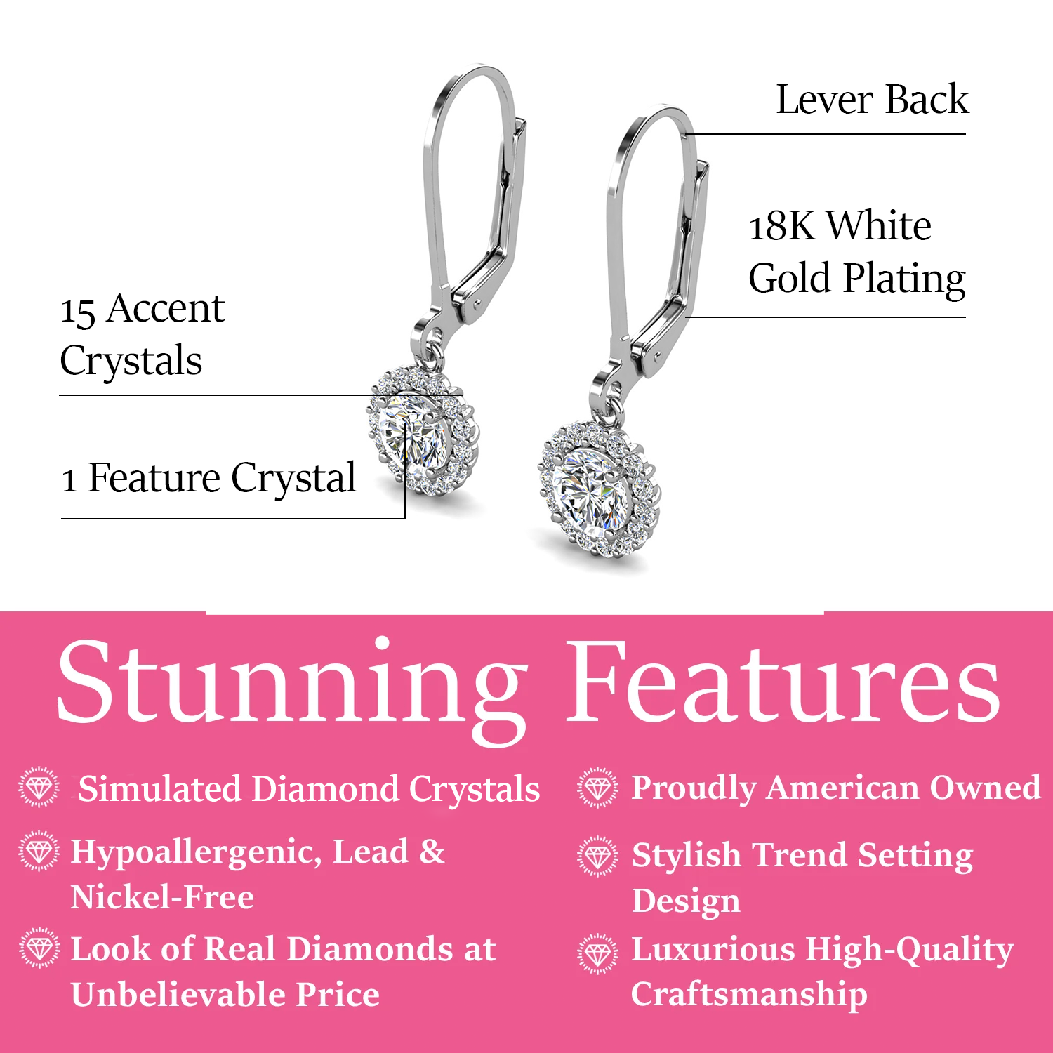 Michelle 18k White Gold Plated Halo Drop Earrings with Simulated Diamond Crystals