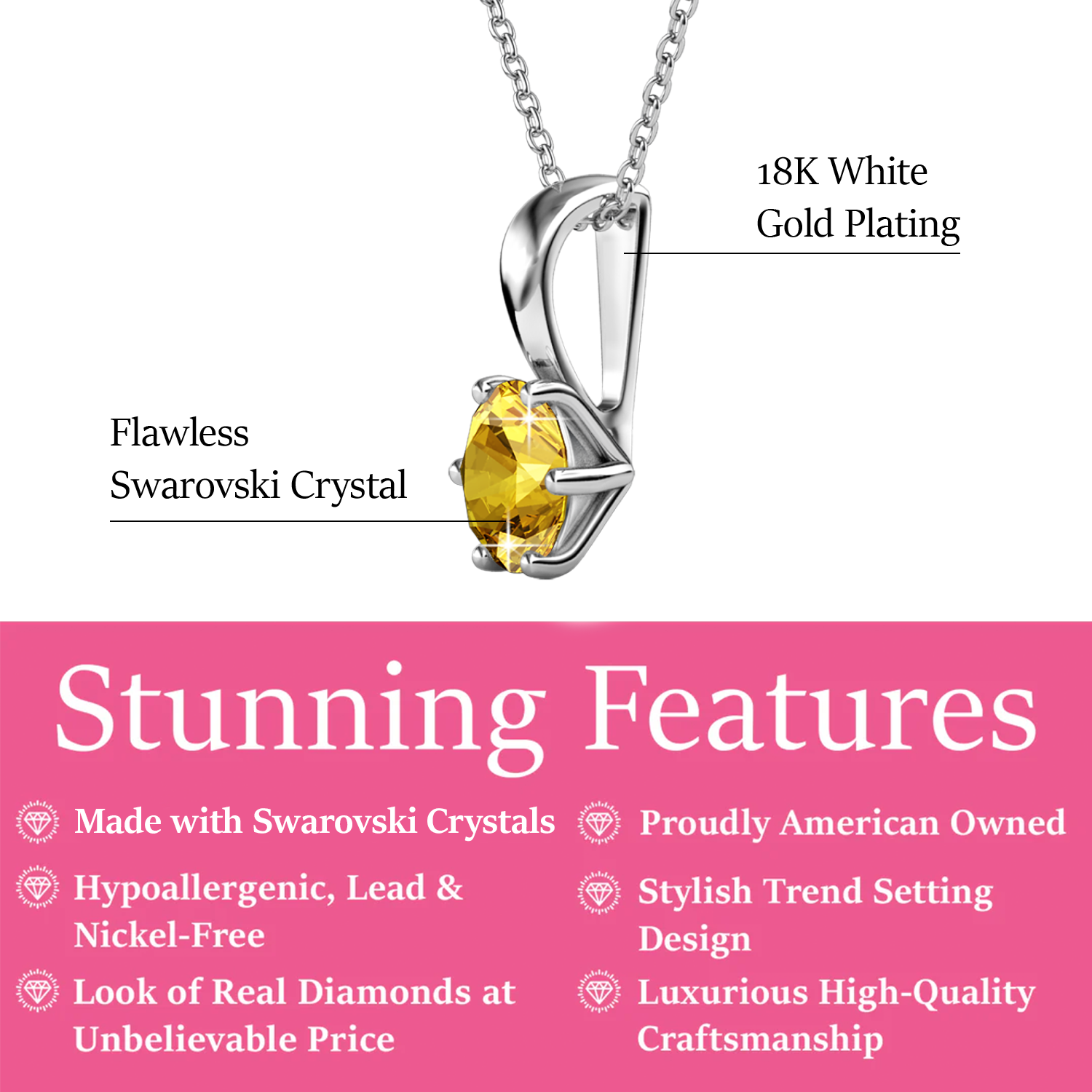 November Birthstone Citrine Necklace 18k White Gold Plated Solitaire Necklace with 1CT Swarovski Crystal