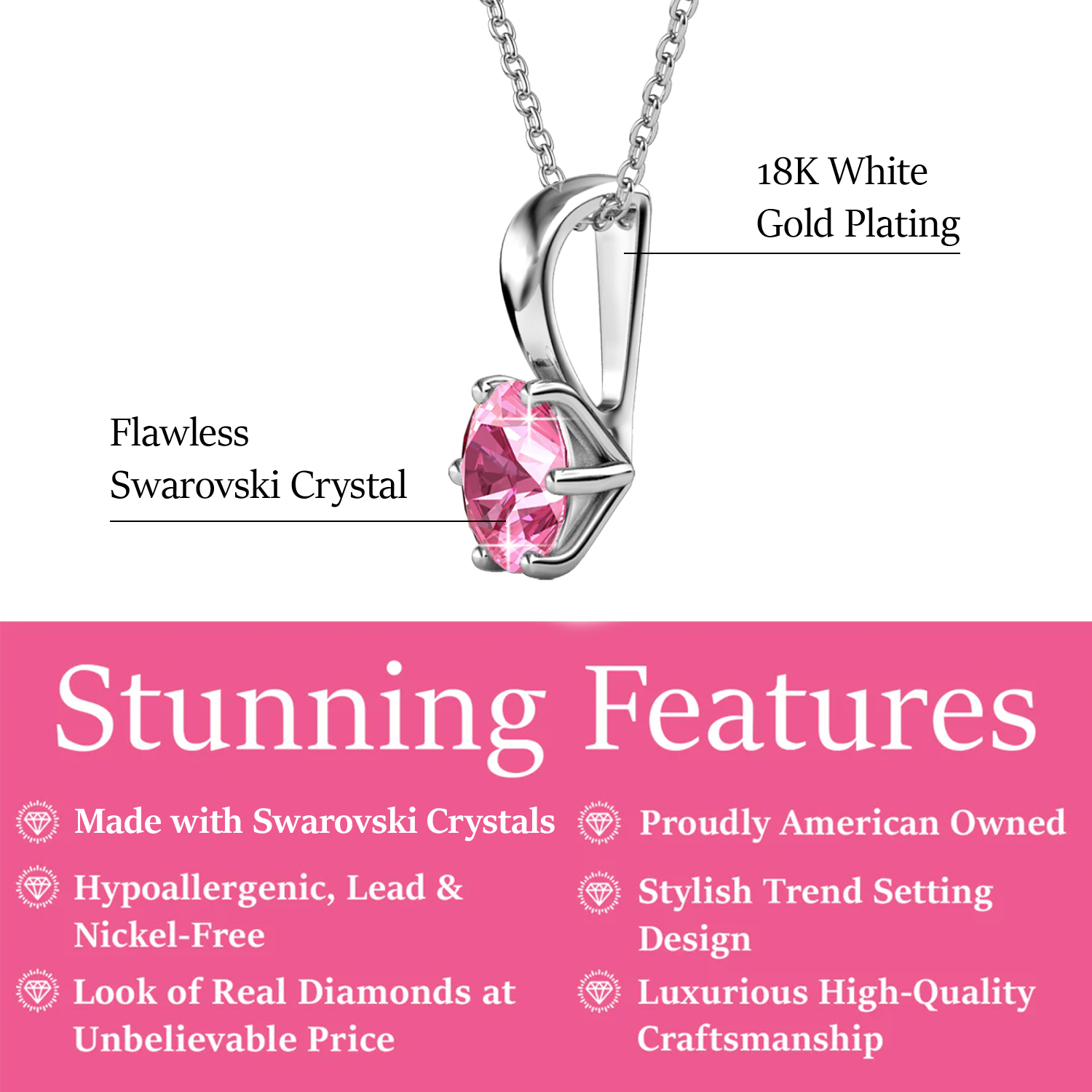 October Birthstone Pink Tourmaline Necklace 18k White Gold Plated Solitaire Necklace with 1CT Swarovski Crystal