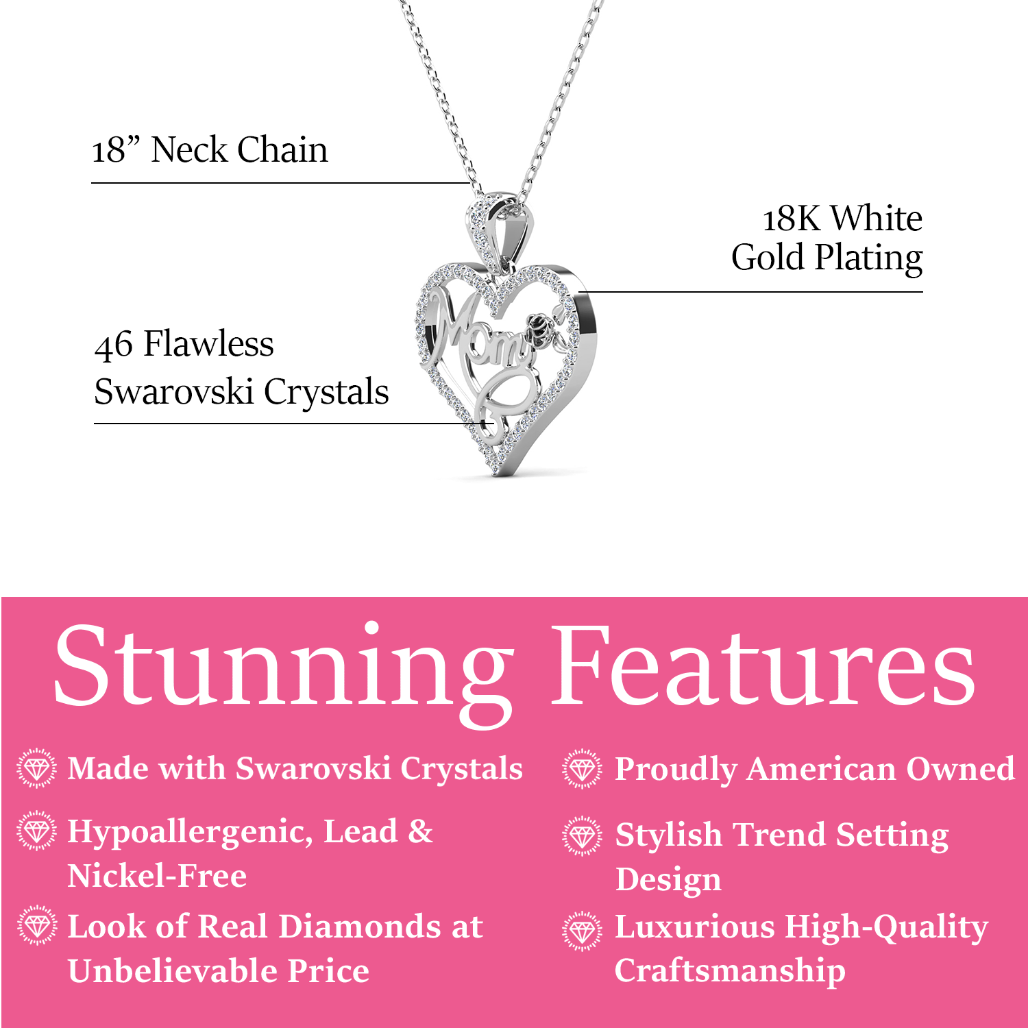 Rhonda 18k White Gold Plated Mom Heart Necklace with Swarovski Crystals