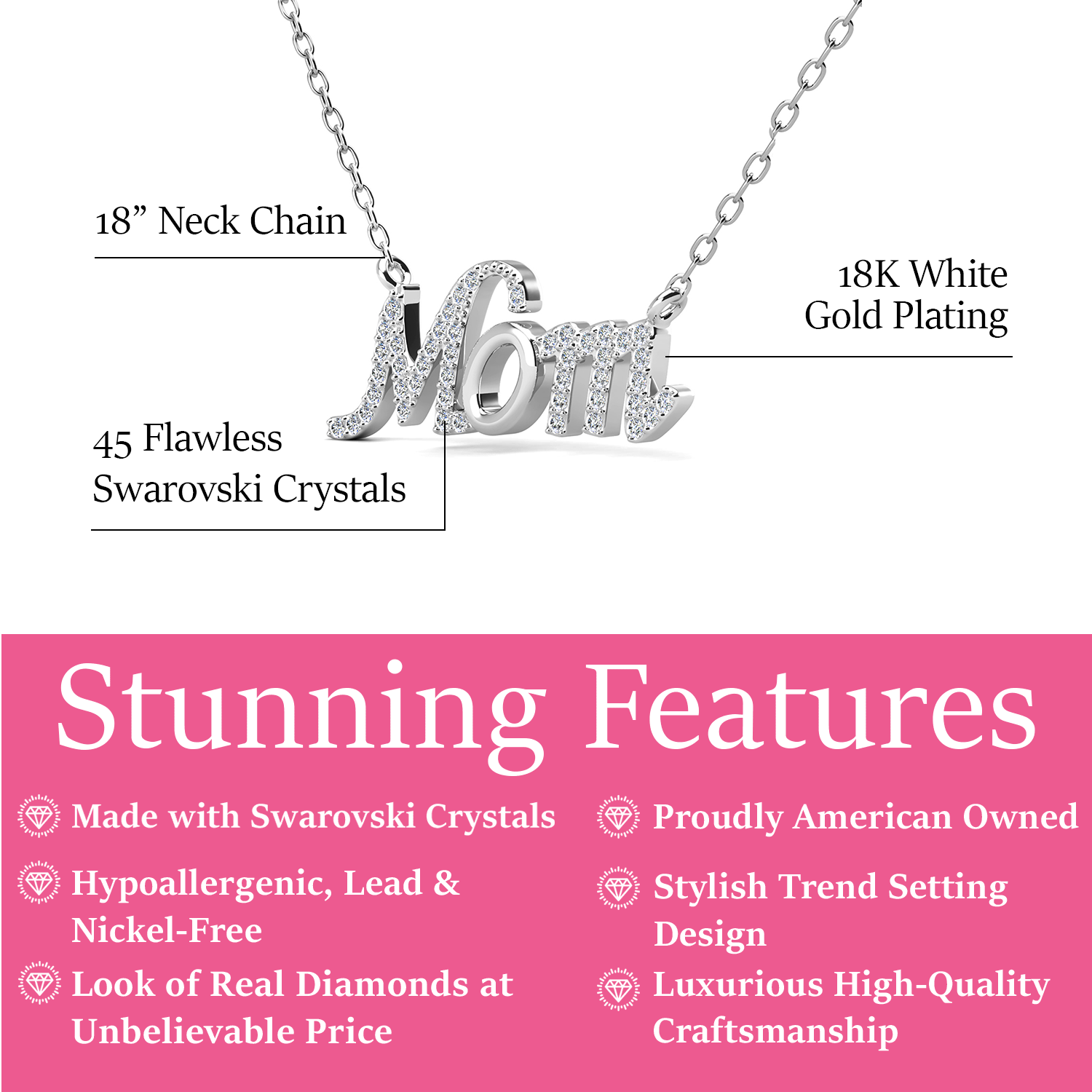 Riley 18k White Gold Plated Mom Necklace with Swarovski Crystals