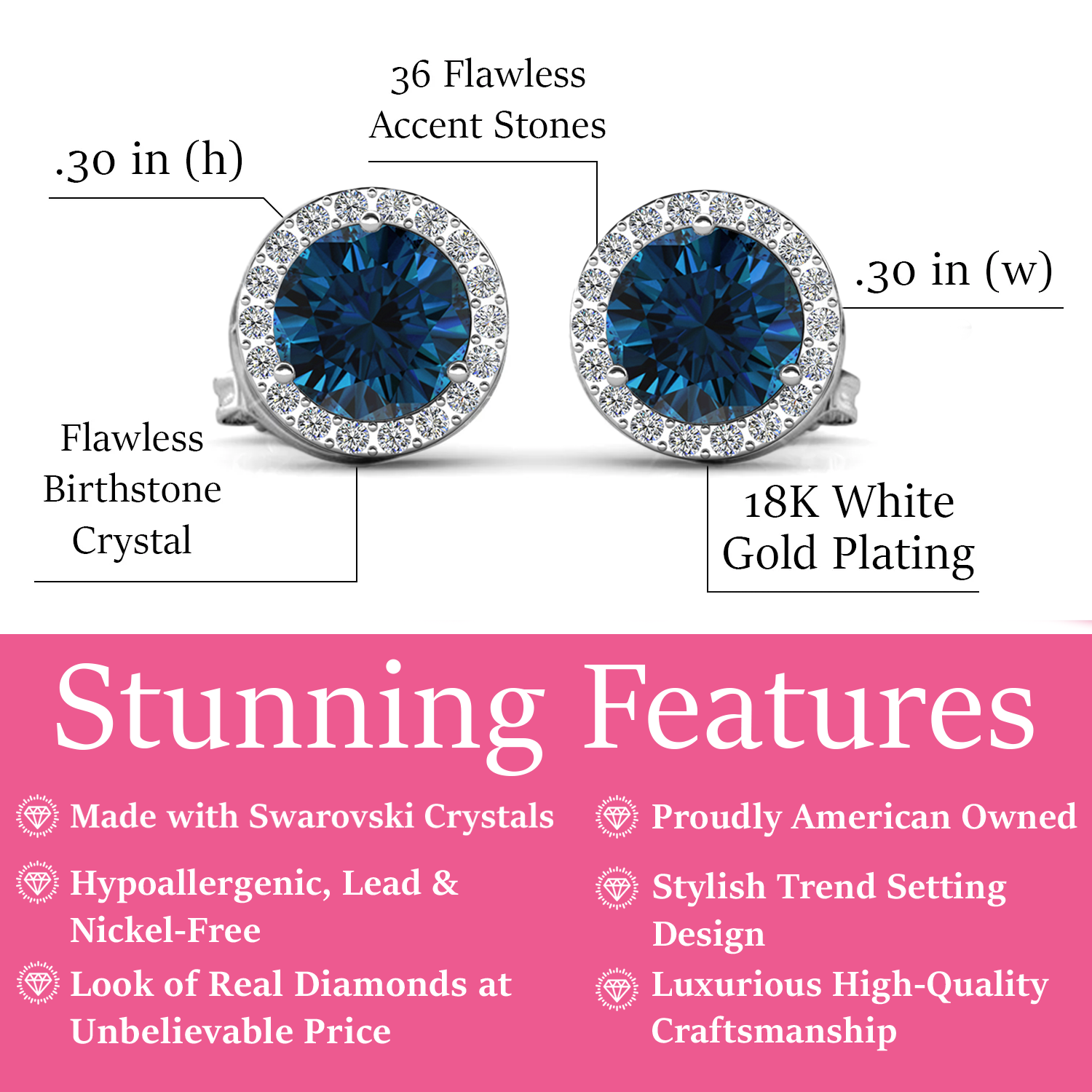 Royal 18k White Gold Plated December Birthstone Halo Earrings with Round Cut Blue Topaz Swarovski Crystals