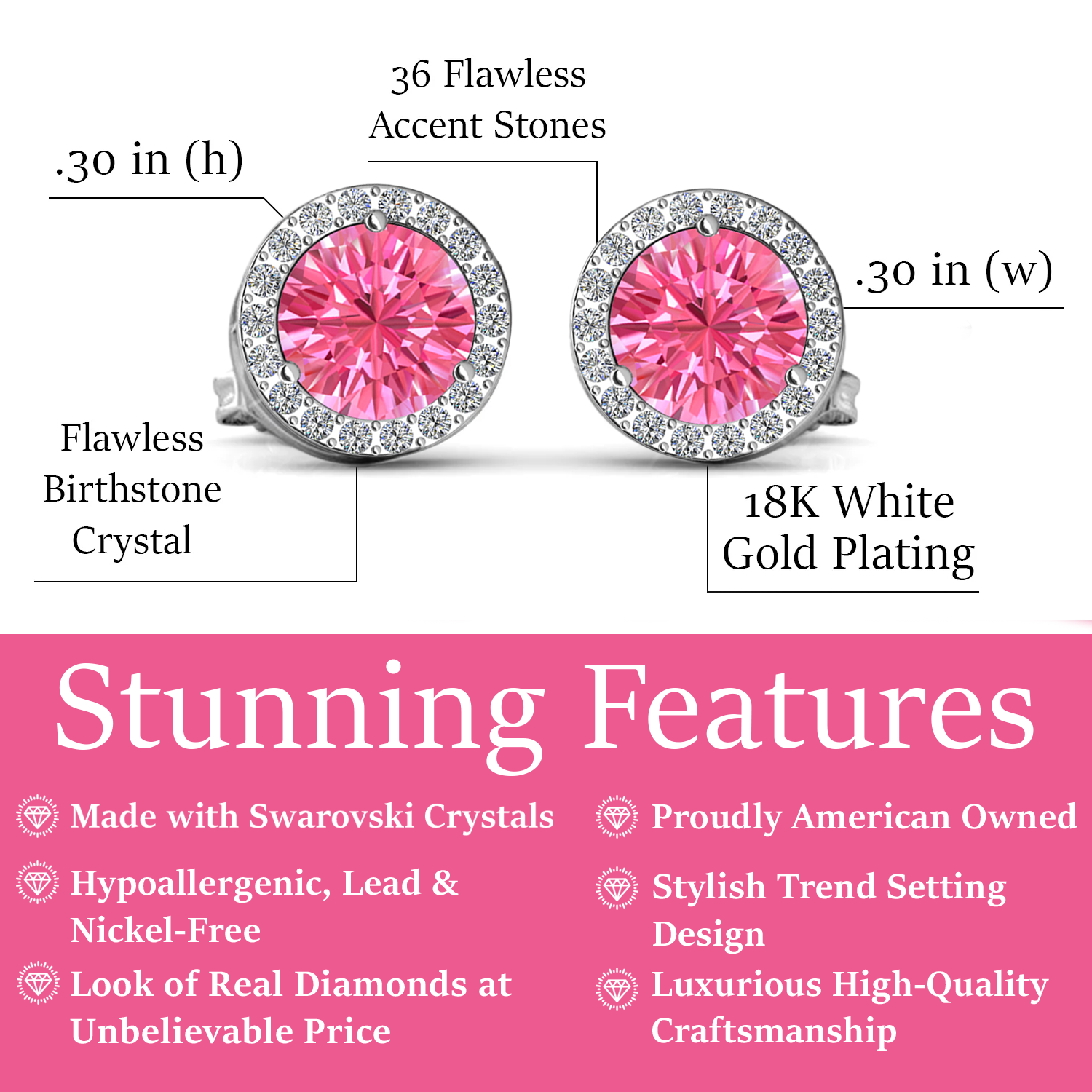 Royal 18k White Gold Plated October Birthstone Halo Earrings with Round Cut Pink Tourmaline Swarovski Crystals