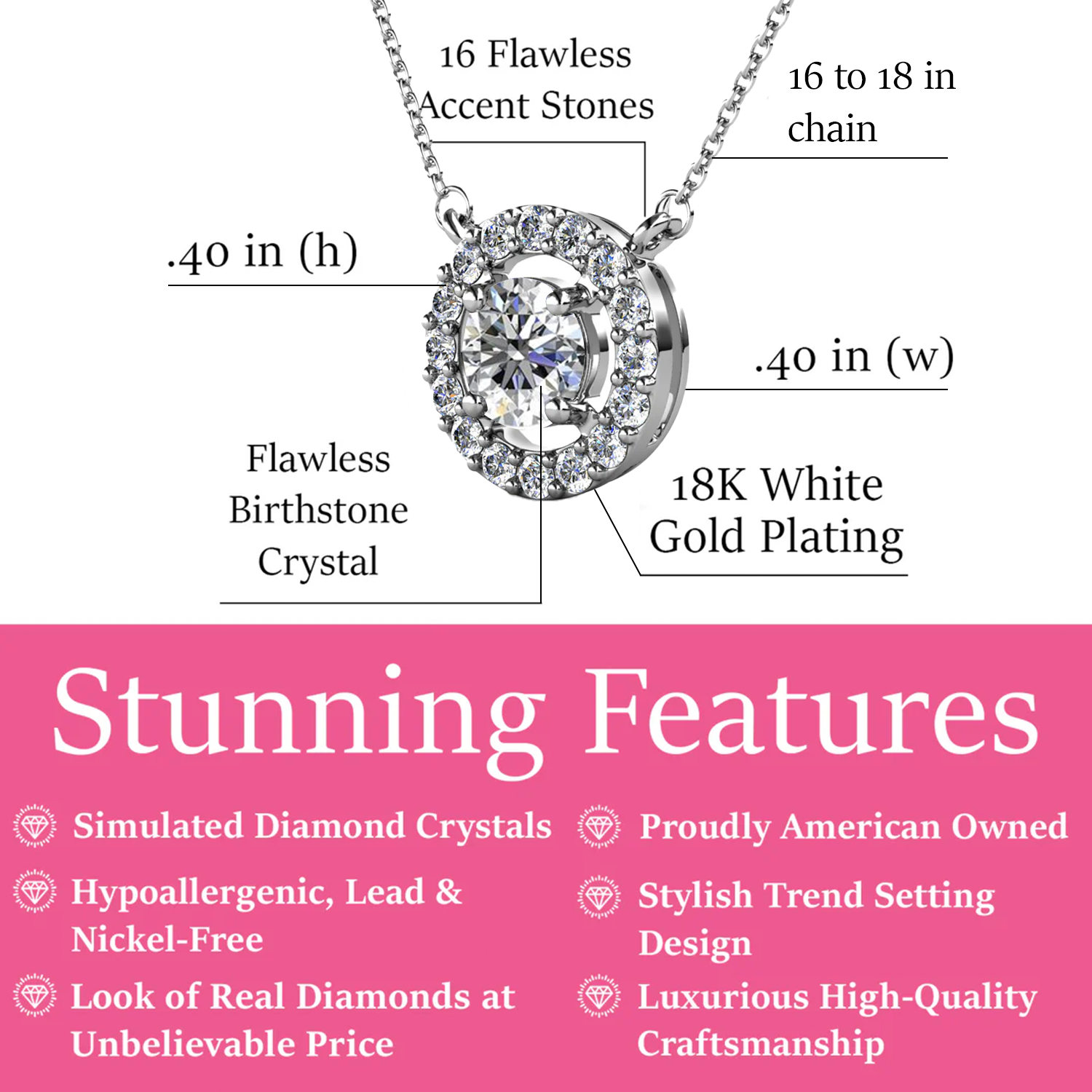 Royal 18k White Gold Plated April Birthstone Halo Necklace with Round Cut Diamond Swarovski Crystals