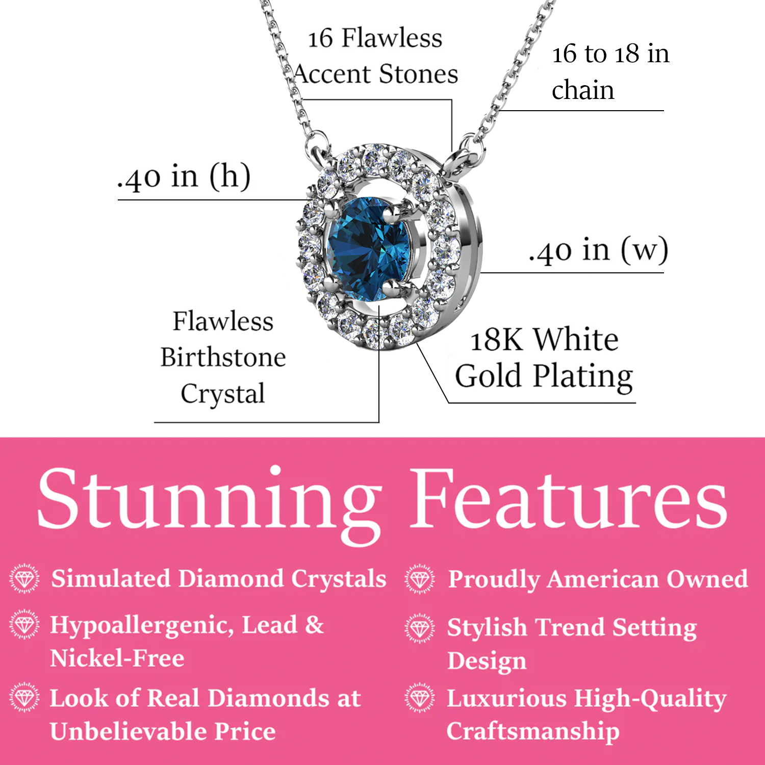 Royal 18k White Gold Plated December Birthstone Halo Necklace with Round Cut Blue Topaz Swarovski Crystals