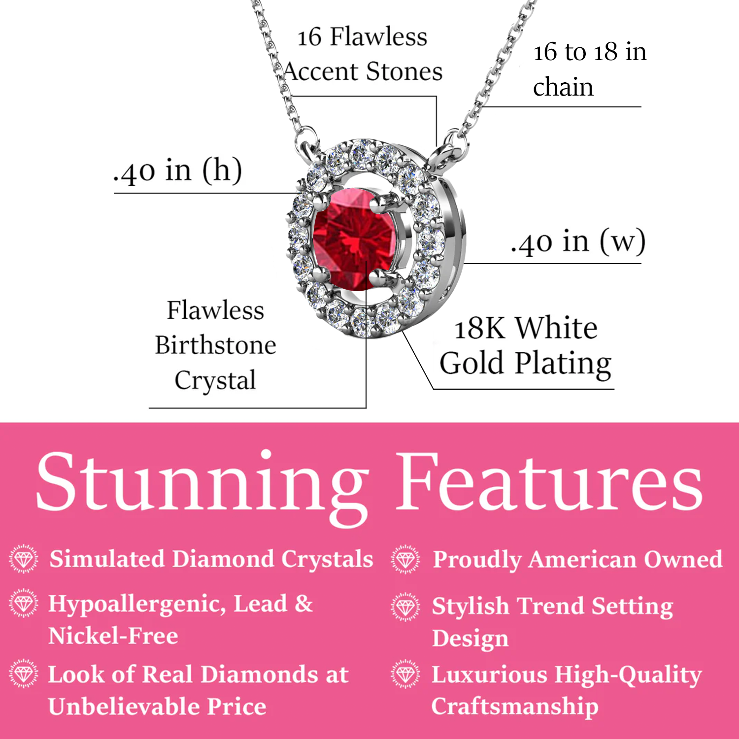 Royal 18k White Gold Plated July Birthstone Halo Necklace with Round Cut Ruby Red Swarovski Crystals