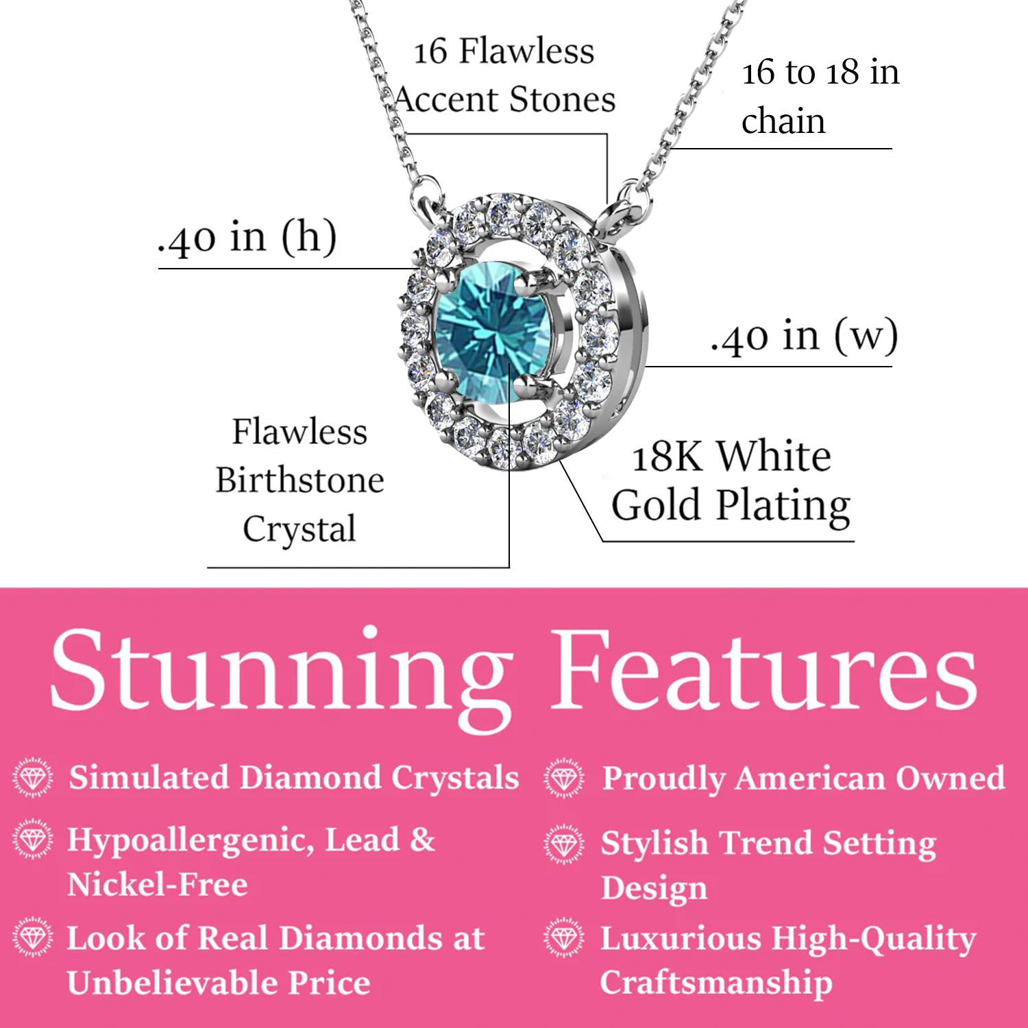 Royal 18k White Gold Plated Birthstone Halo Necklace with Round Cut Swarovski Crystals