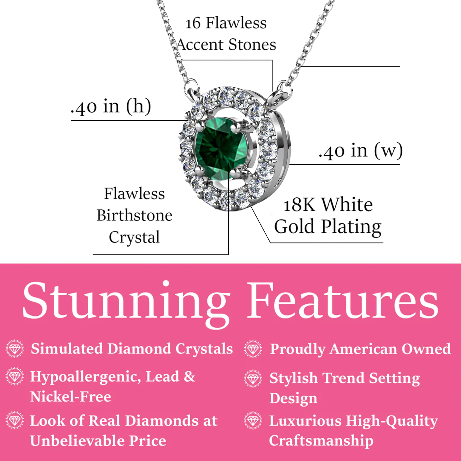 Royal 18k White Gold Plated May Birthstone Halo Necklace with Round Cut Emerald Swarovski Crystals