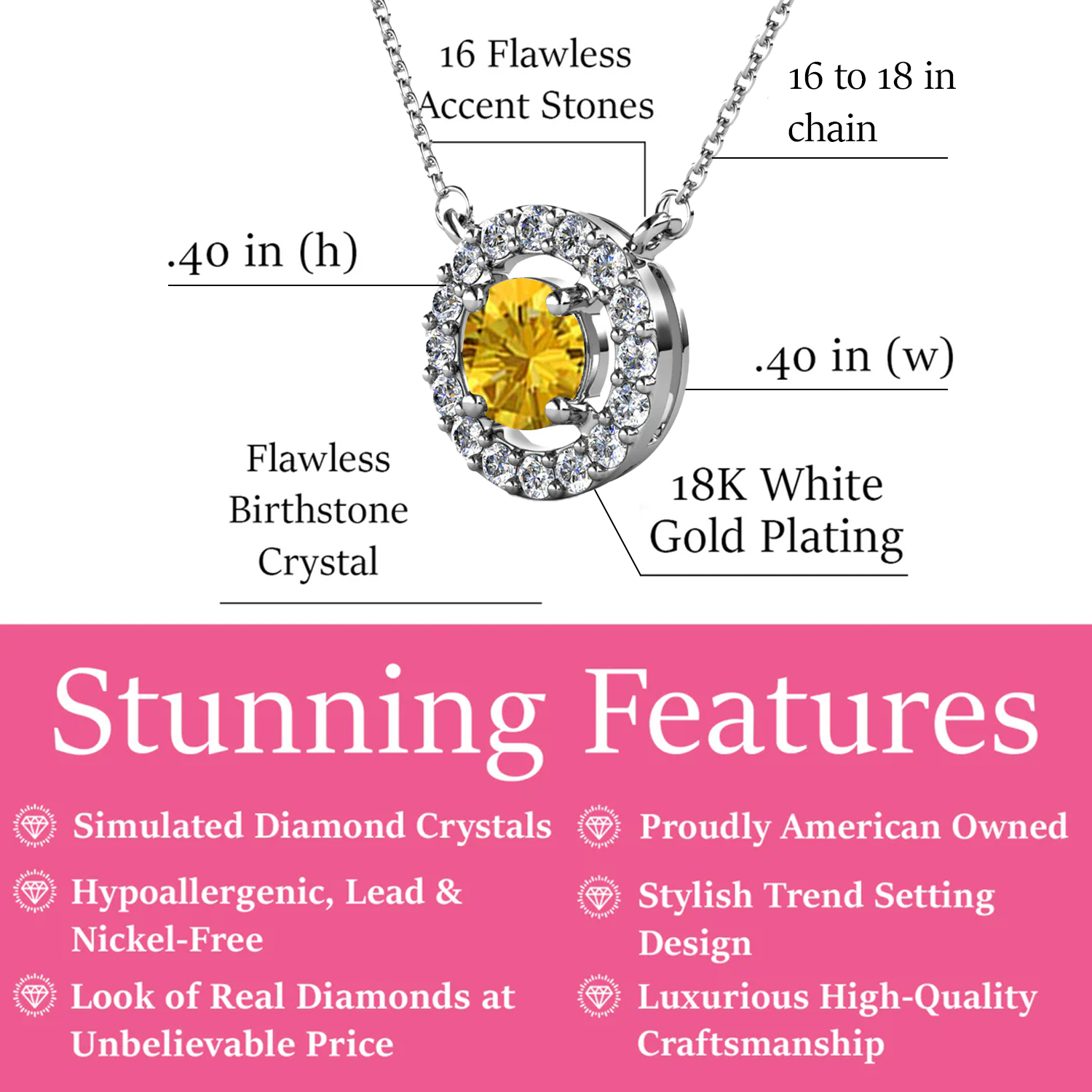 Royal 18k White Gold Plated November Birthstone Halo Necklace with Round Cut Citrine Swarovski Crystals