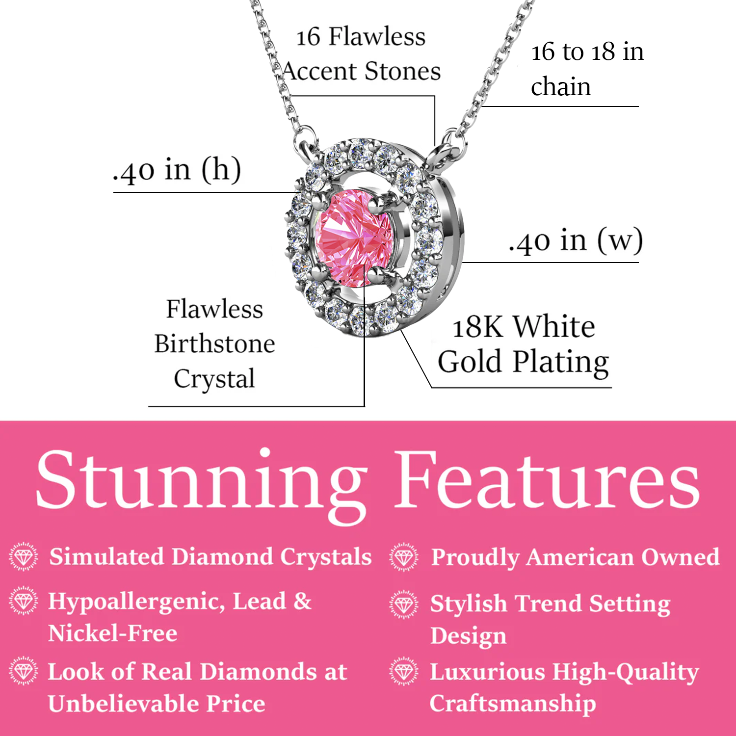 Royal 18k White Gold Plated October Birthstone Halo Necklace with Round Cut Pink Tourmaline Swarovski Crystals