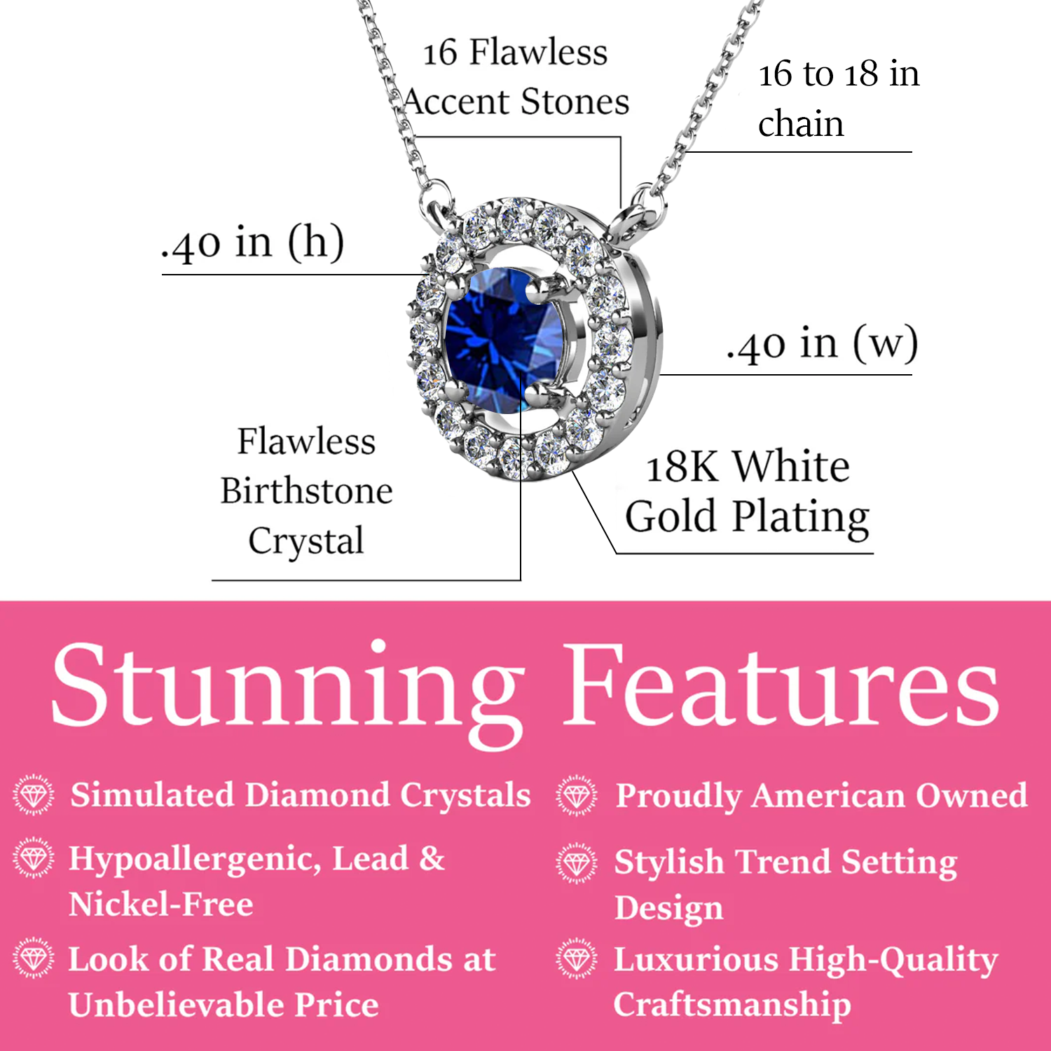 Royal 18k White Gold Plated September Birthstone Halo Necklace with Round Cut Sapphire Swarovski Crystals