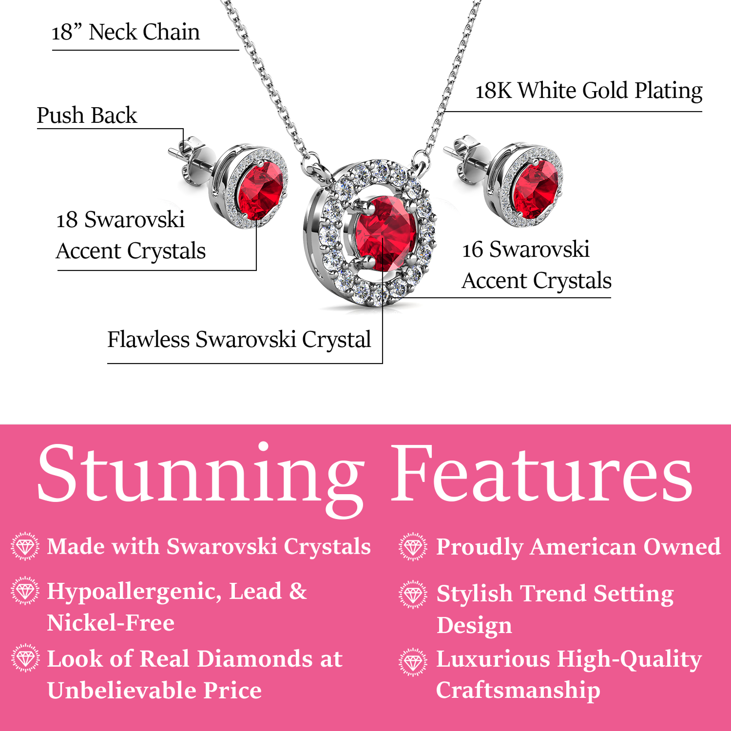 Royal 18k White Gold Plated Birthstone Halo Earrings and Necklace Set with Swarovski Crystals