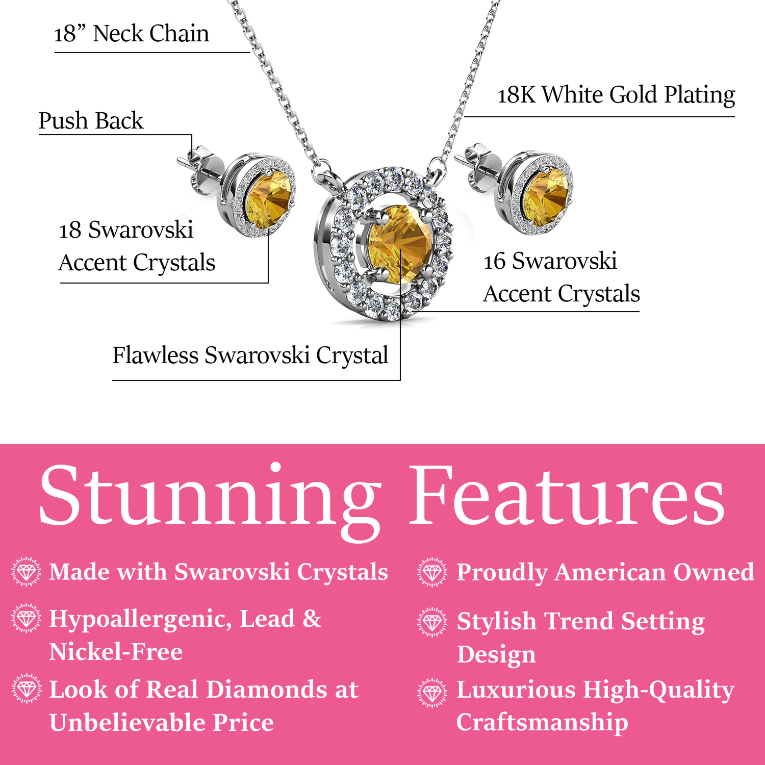 Royal 18k White Gold Plated Birthstone Halo Earrings and Necklace Set with Swarovski Crystals