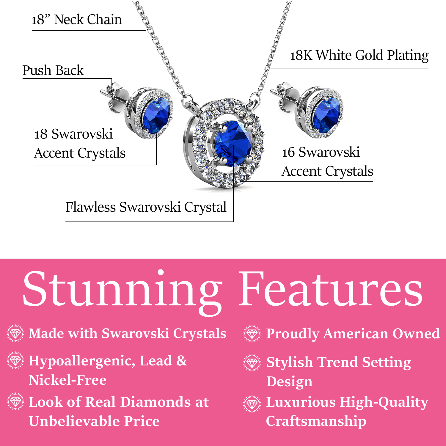 Royal 18k White Gold Plated Birthstone Halo Earrings and Necklace Set with Swarovski Crystals