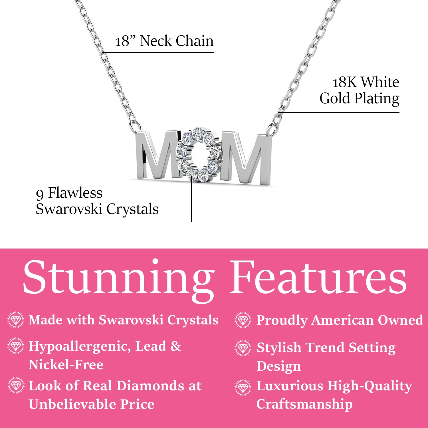 Savannah 18k White Gold Plated Mom Necklace with Swarovski Crystals