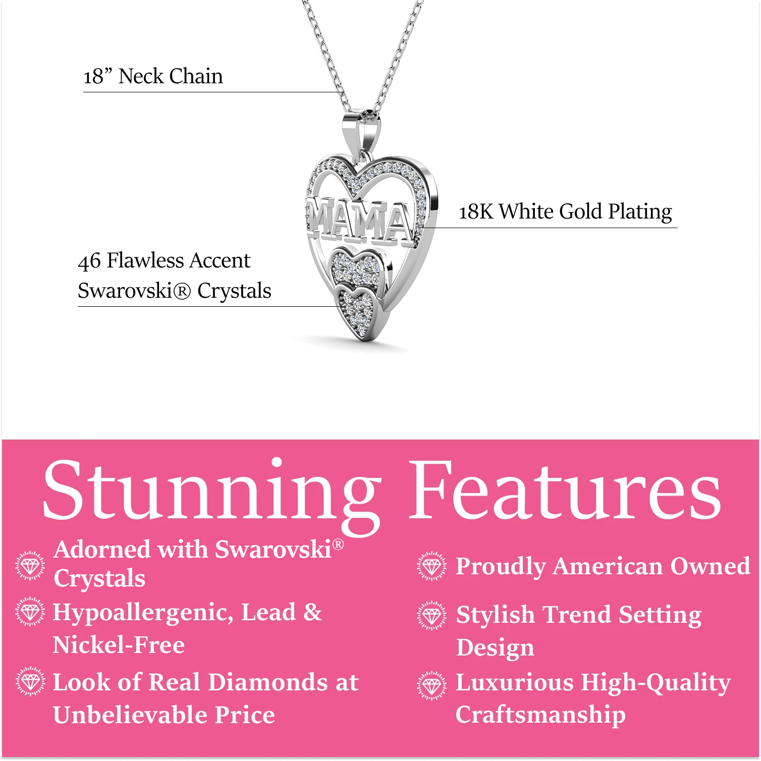 Selena 18k White Gold Plated Mama Heart Pendant Necklace with Swarovski Crystals