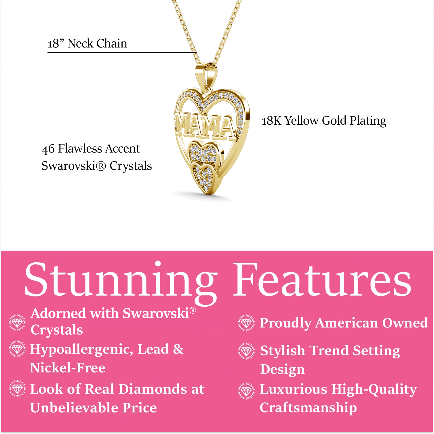 Selena 18k White Gold Plated Mama Heart Pendant Necklace with Swarovski Crystals