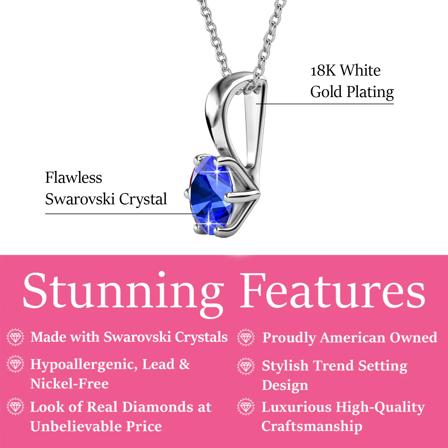 September Birthstone Sapphire Necklace 18k White Gold Plated Solitaire Necklace with 1CT Swarovski Crystal