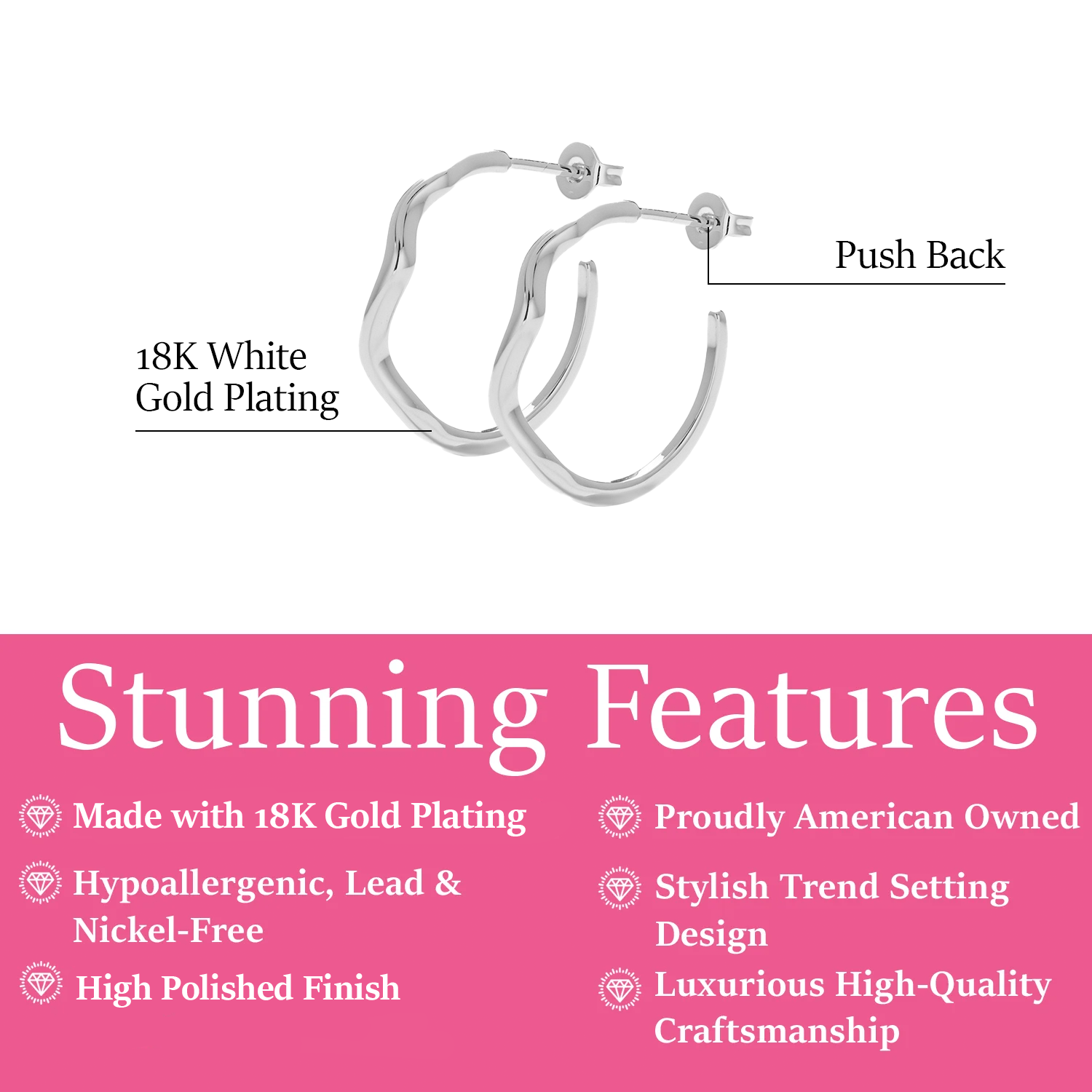 Serena 18k White Gold Plated Wavy Hoop Earrings