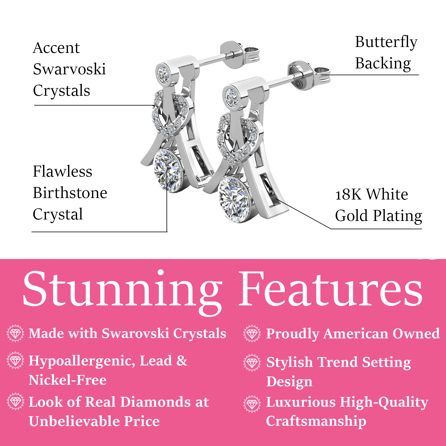 Serenity April Birthstone Diamond Earrings 18k White Gold Plated Silver Earrings with Round Cut Swarovski Crystals