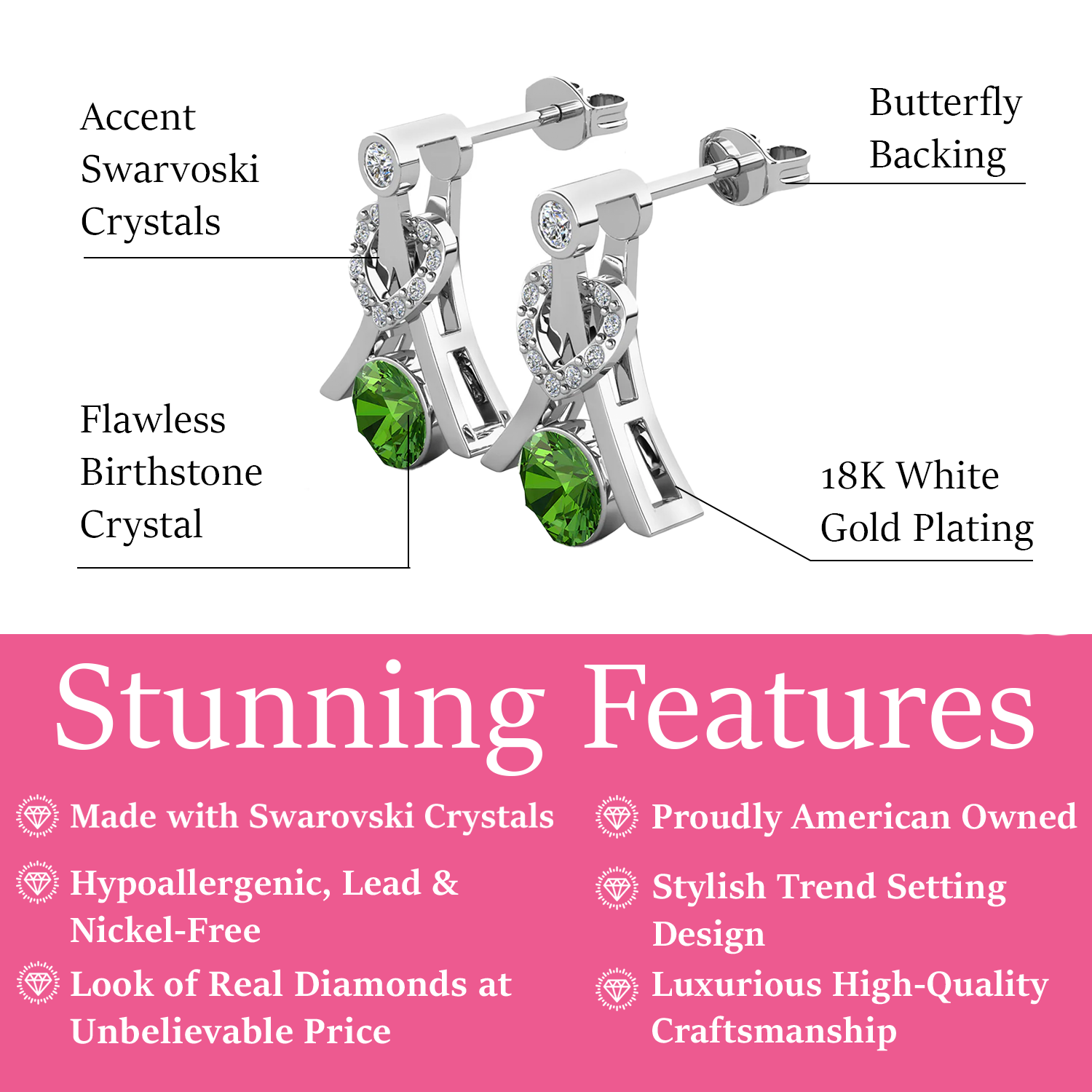 Serenity August Birthstone Peridot Earrings 18k White Gold Plated Silver Earrings with Round Cut Swarovski Crystals