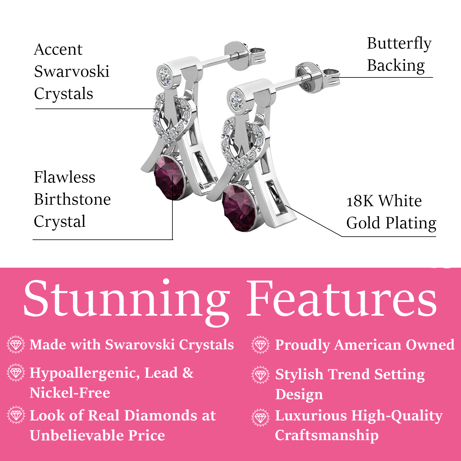 Serenity February Birthstone Amethyst Earrings 18k White Gold Plated Silver Earrings with Round Cut Swarovski Crystals