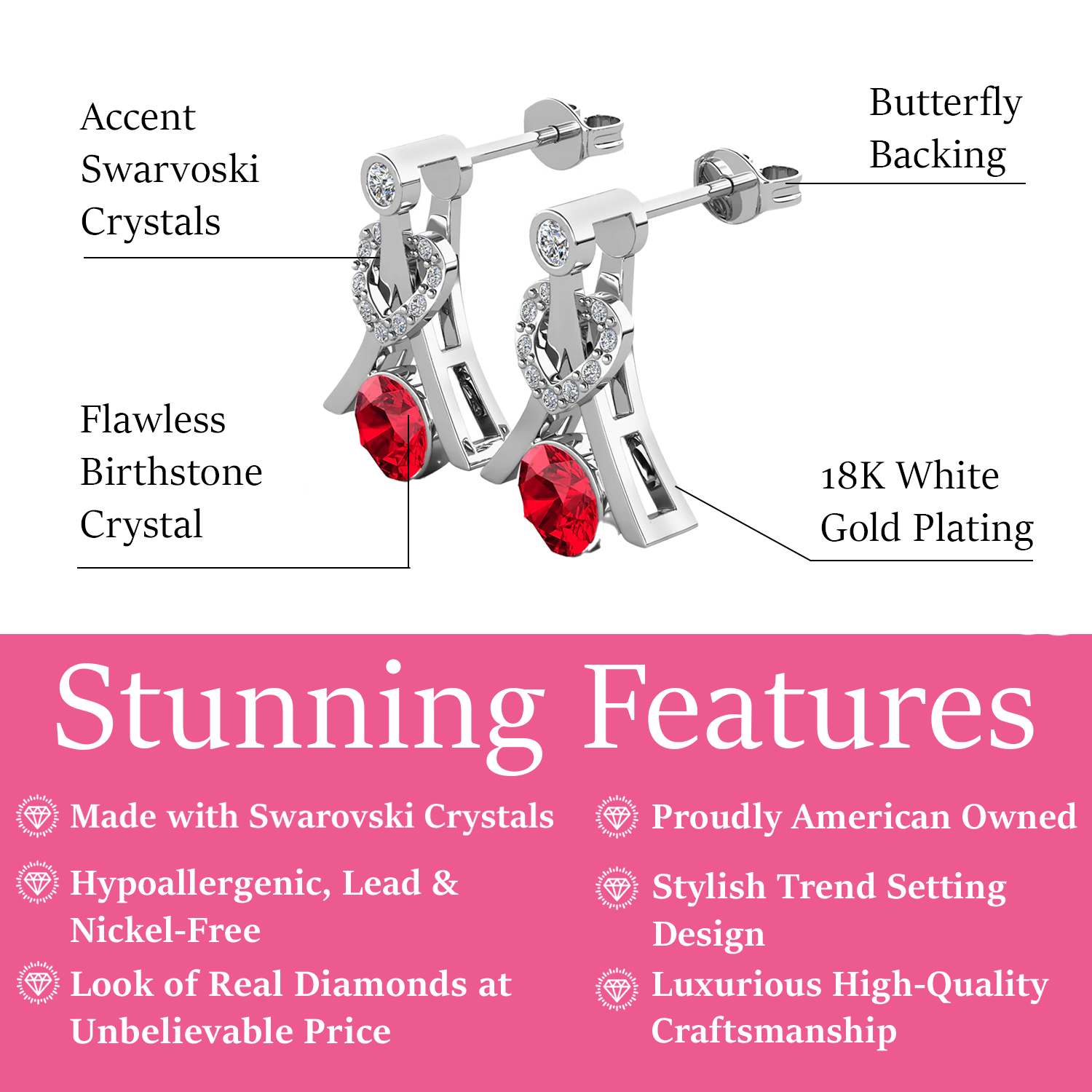 Serenity July Birthstone Ruby Earrings 18k White Gold Plated Silver Earrings with Round Cut Swarovski Crystals