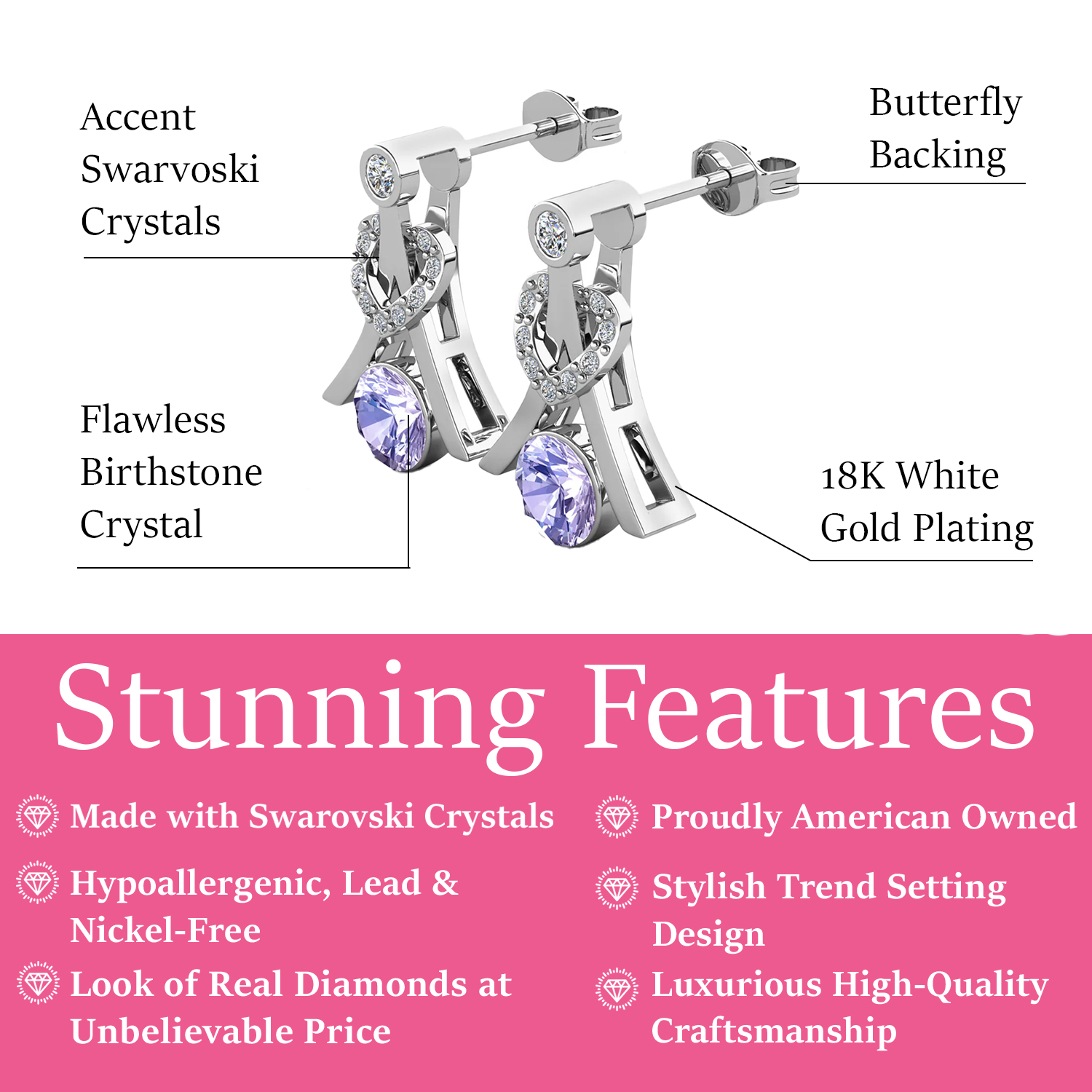 Serenity June Birthstone Alexandrite Earrings 18k White Gold Plated Silver Earrings with Round Cut Swarovski Crystals