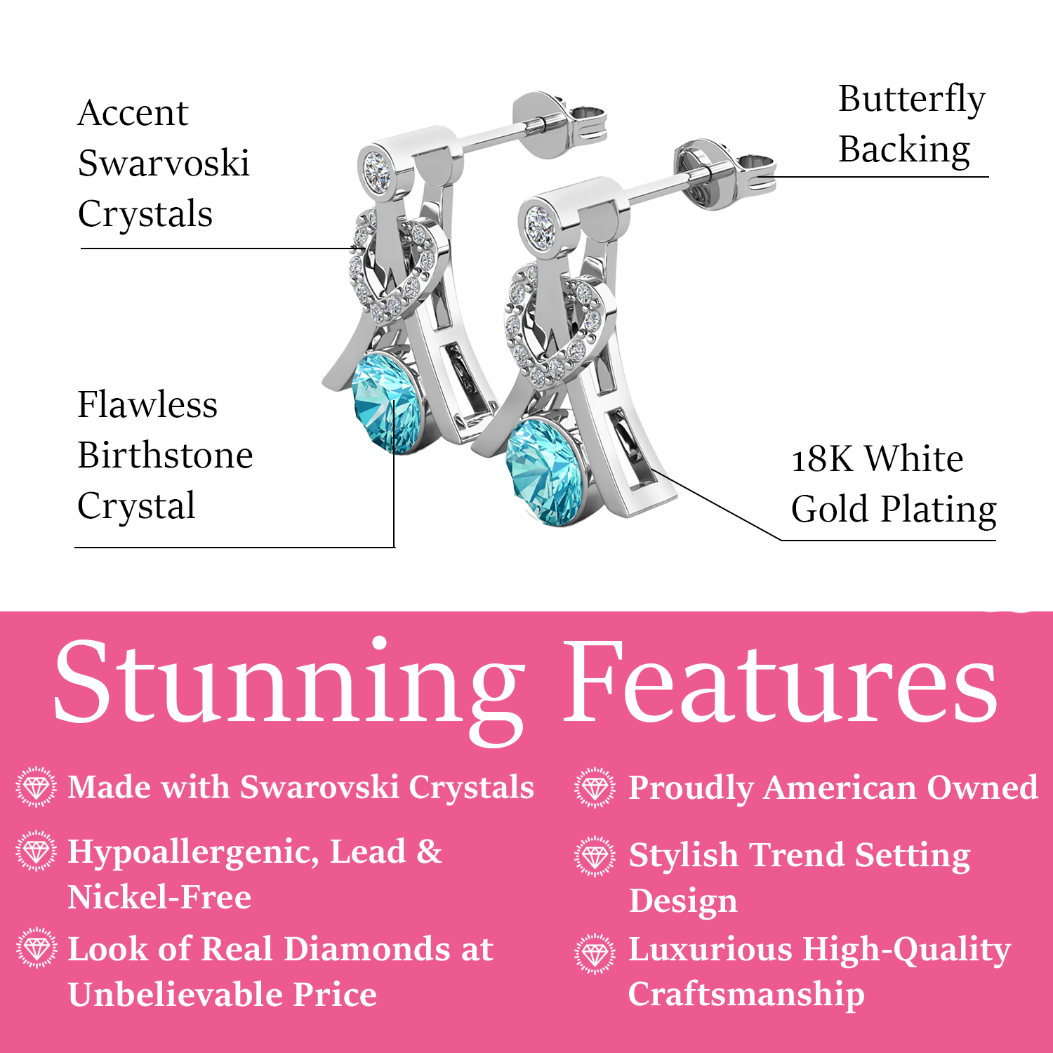 Serenity Birthstone Earrings 18k White Gold Plated with Round Cut Swarovski Crystals