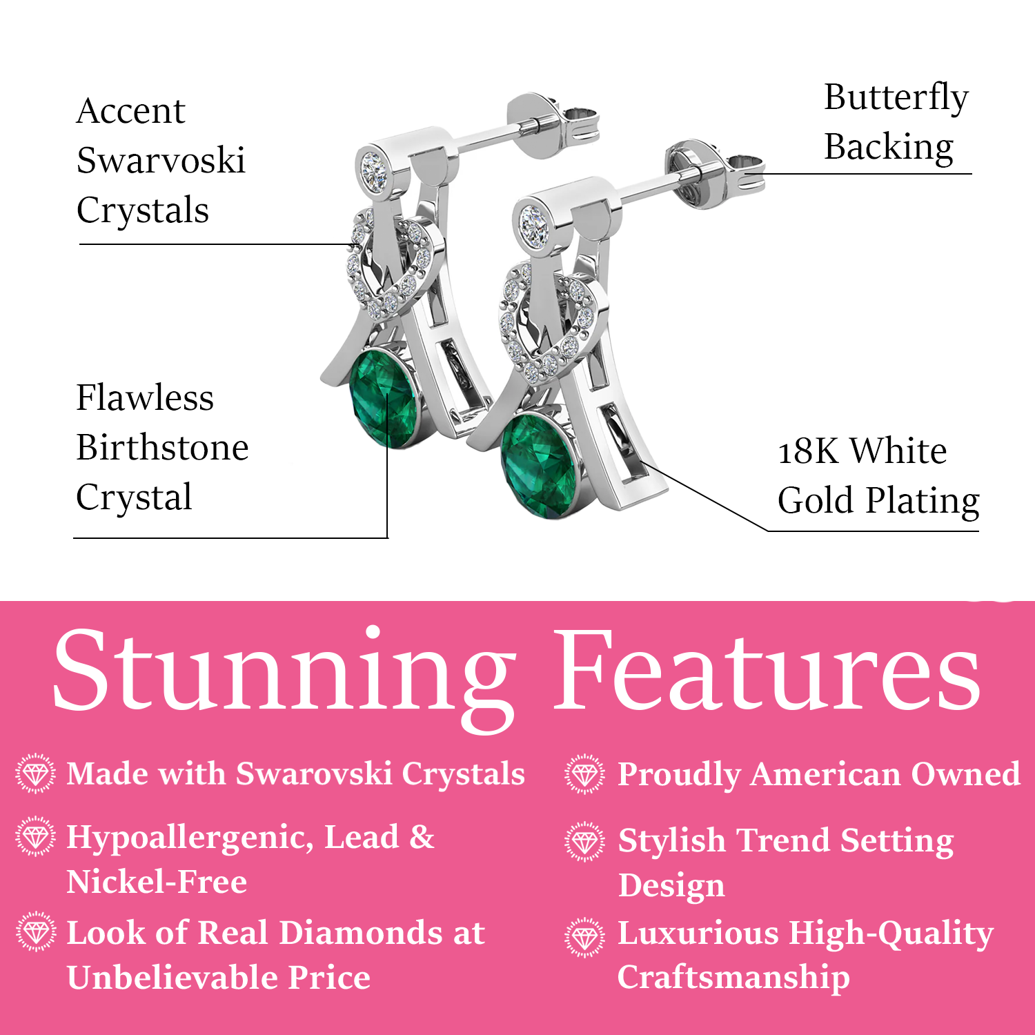 Serenity May Birthstone Emerald Earrings 18k White Gold Plated Silver Earrings with Round Cut Swarovski Crystals