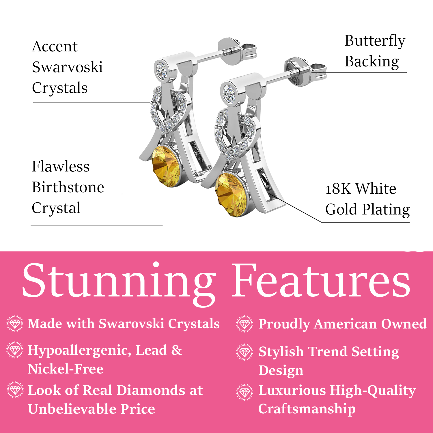 Serenity Birthstone Earrings 18k White Gold Plated with Round Cut Swarovski Crystals