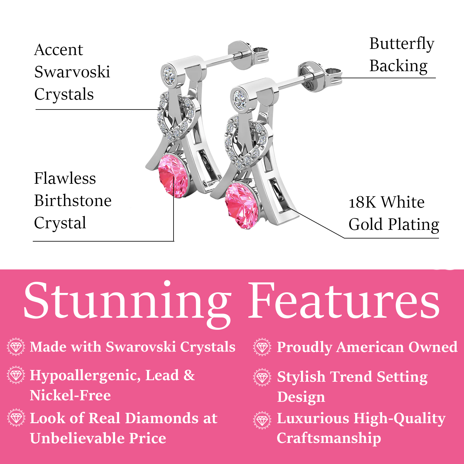 Serenity October Birthstone Pink Tourmaline Earrings 18k White Gold Plated Silver Earrings with Round Cut Swarovski Crystals