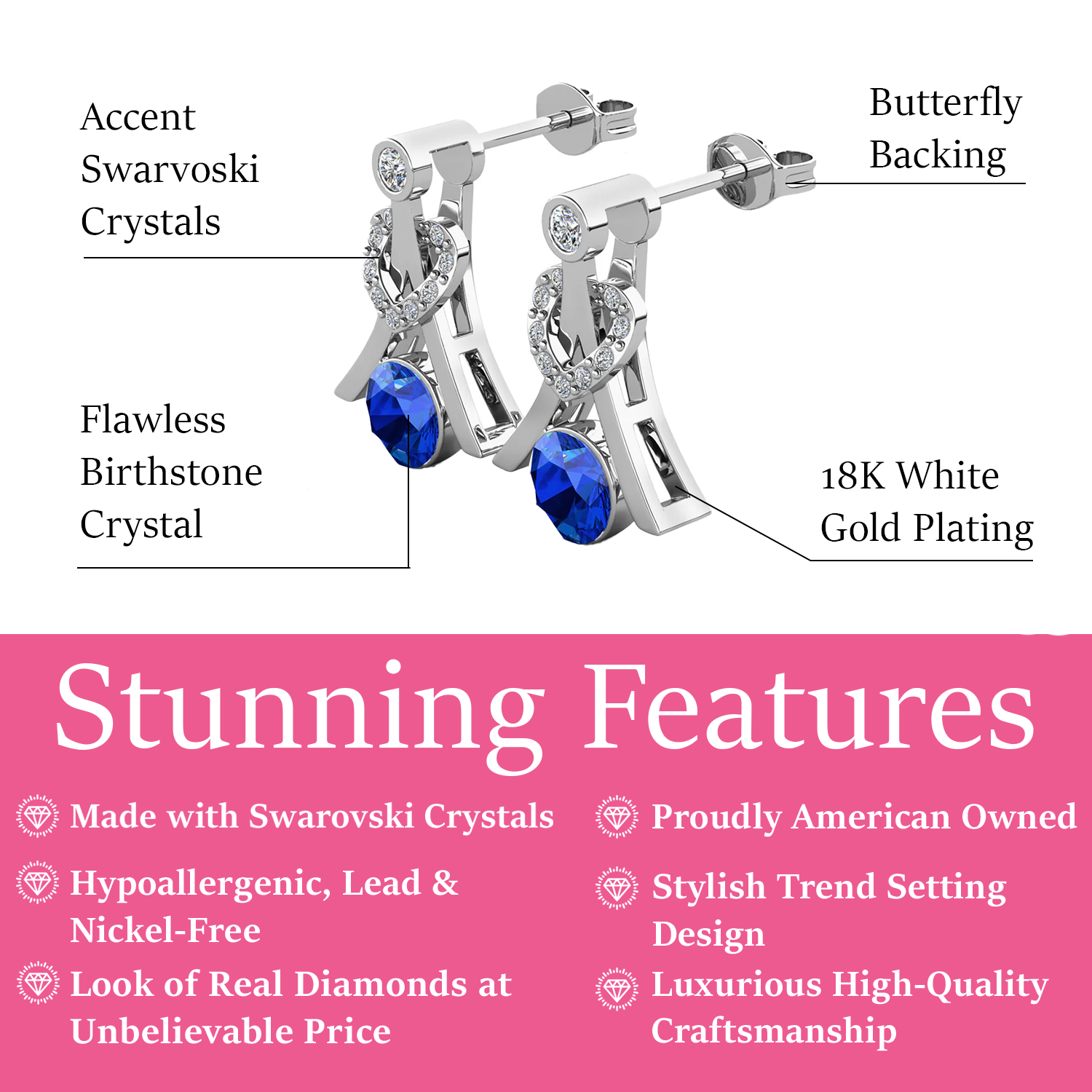 Serenity September Birthstone Sapphire Earrings 18k White Gold Plated Silver Earrings with Round Cut Swarovski Crystals