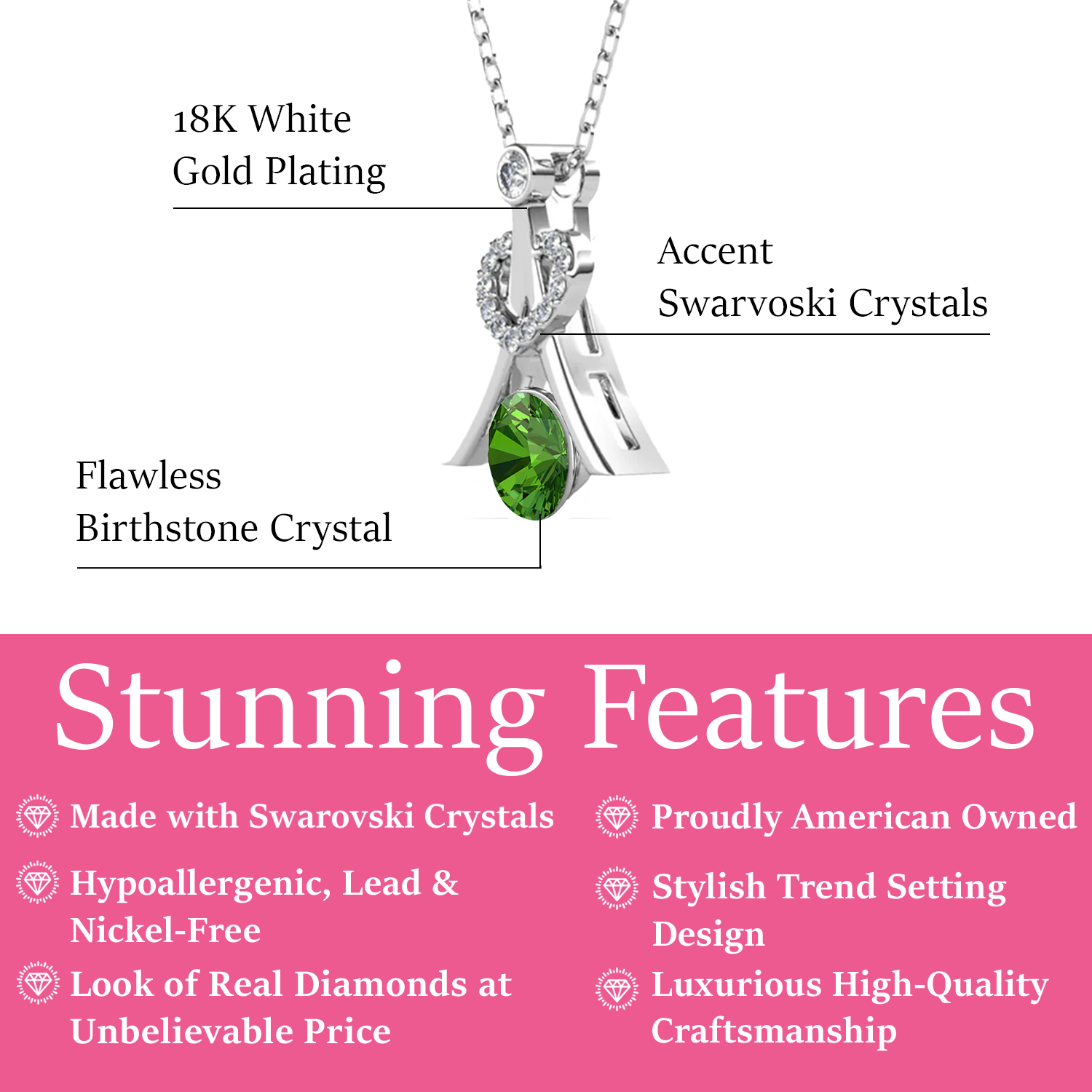 Serenity August Birthstone Peridot Necklace, 18k White Gold Plated Silver Necklace with Round Cut Swarovski Crystals