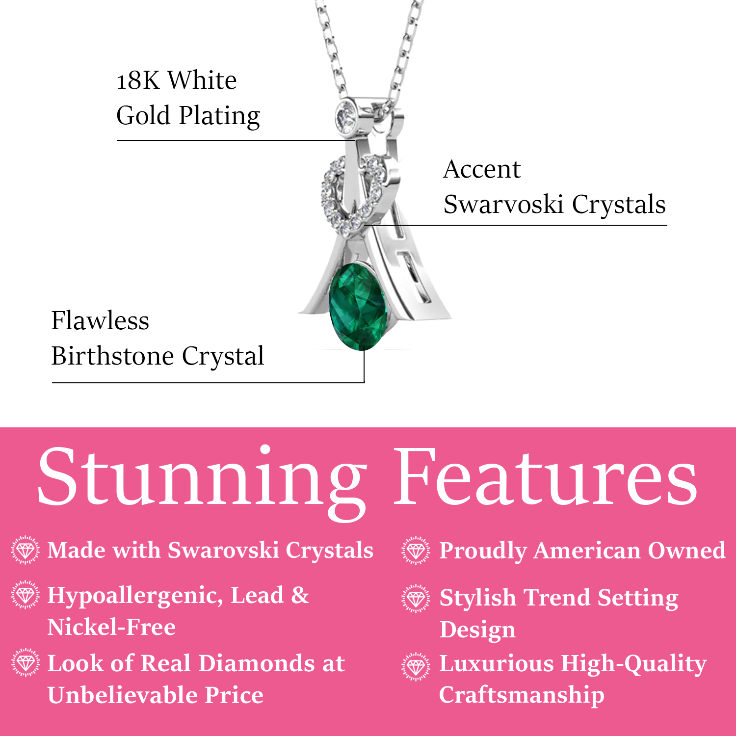 Serenity May Birthstone Emerald Necklace 18k White Gold Plated Silver Necklace with Round Cut Swarovski Crystals