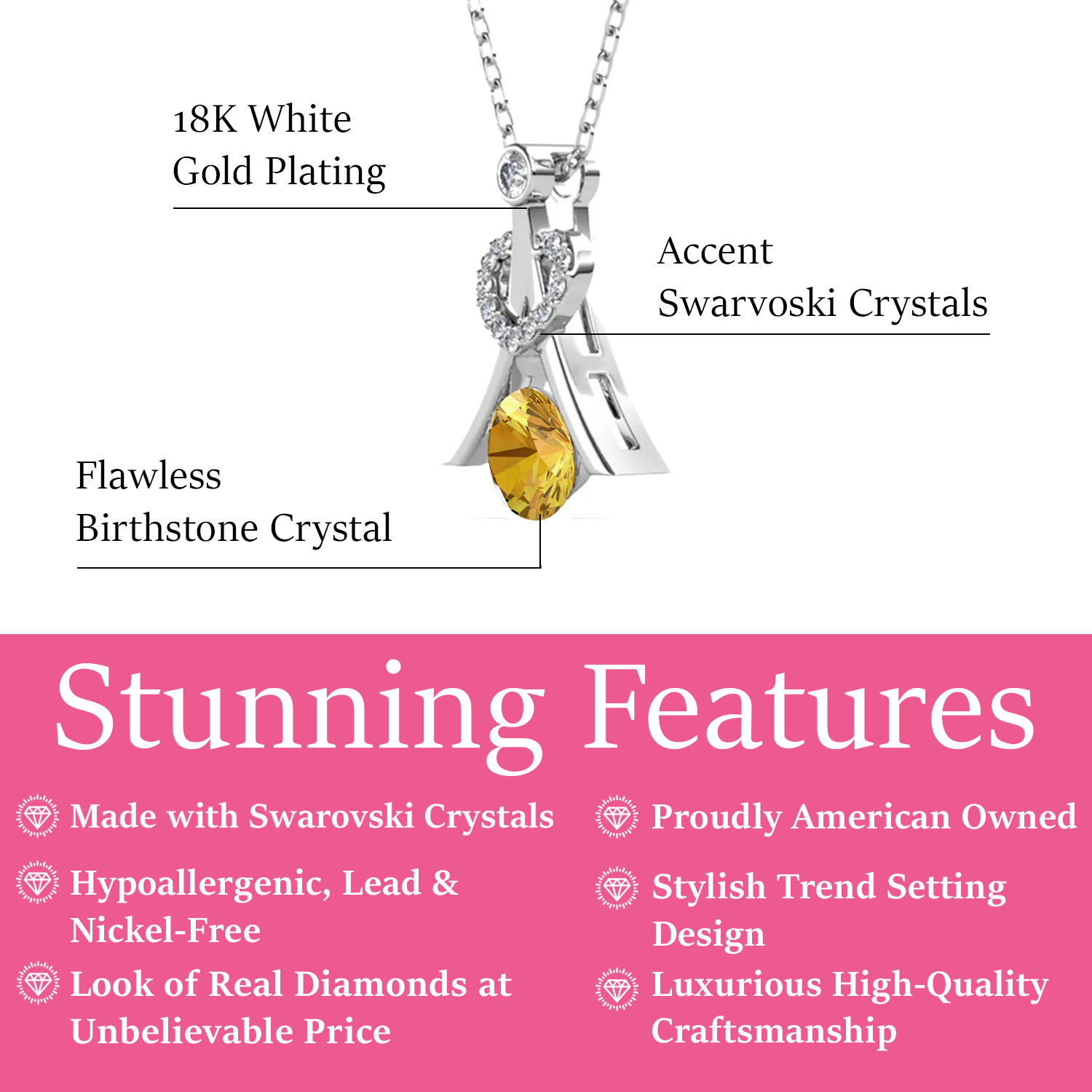 Serenity November Birthstone Citrine Necklace, 18k White Gold Plated Silver Necklace with Round Cut Swarovski Crystals