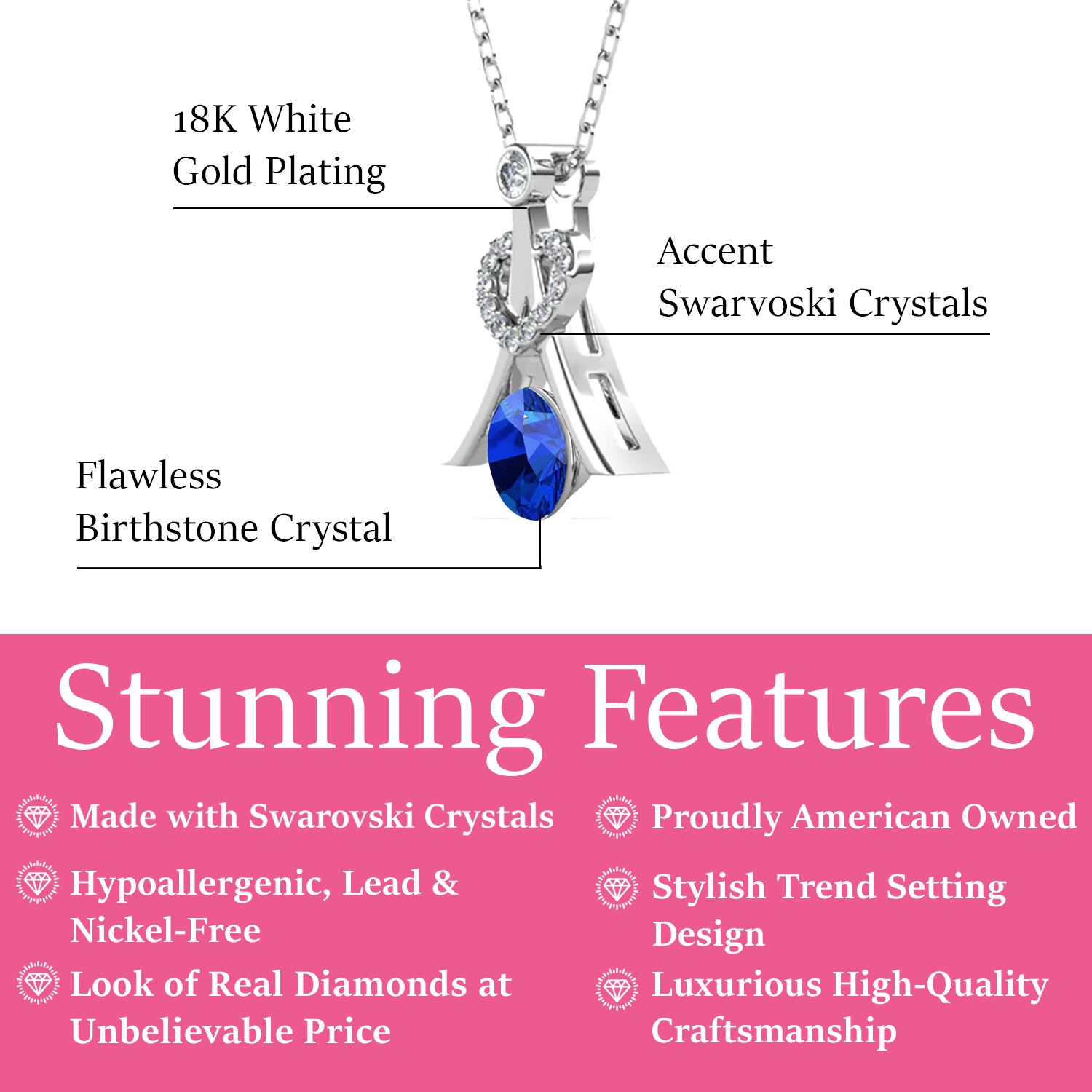 Serenity September Birthstone Sapphire Necklace 18k White Gold Plated Silver Necklace with Round Cut Swarovski Crystals