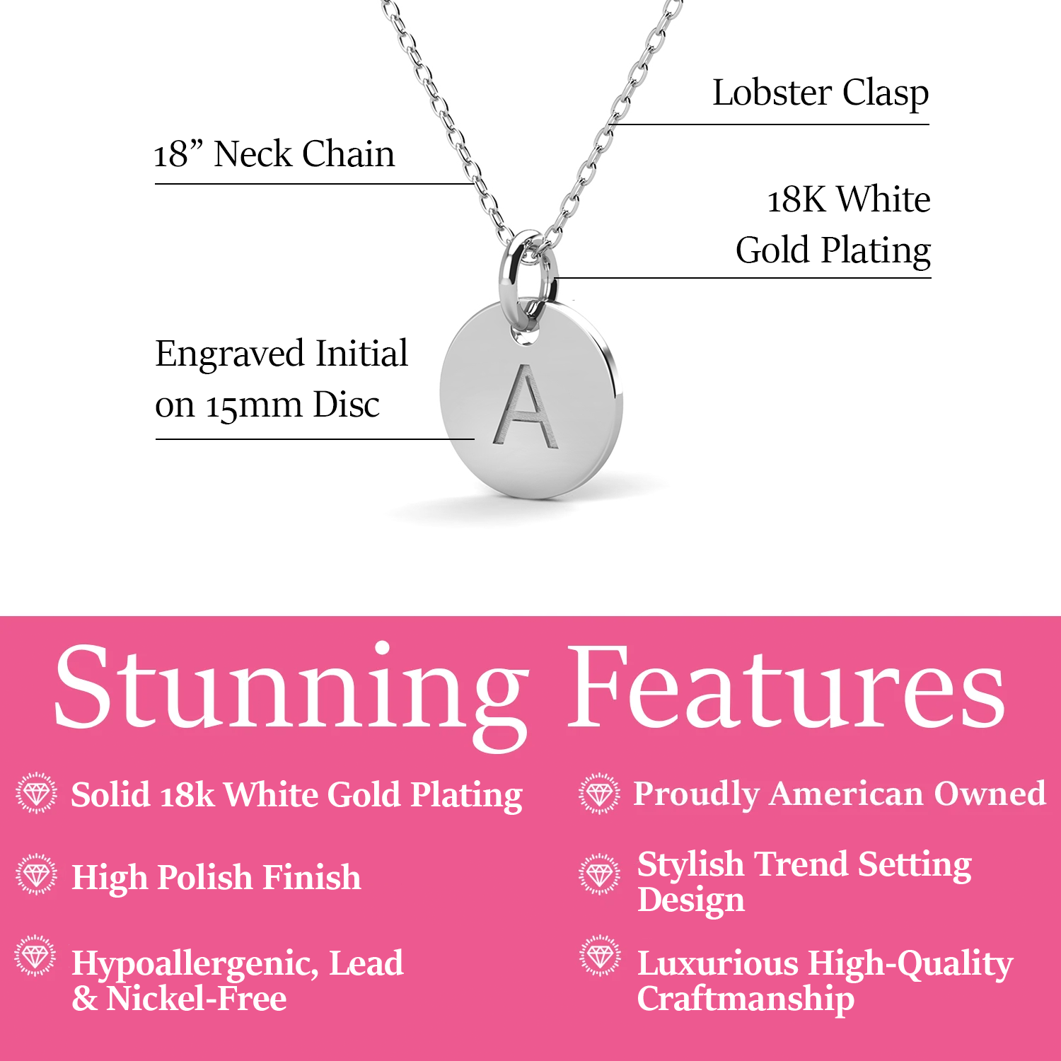 Summer Collection 18k White Gold Plated Engraved Initial Letter Pendant Necklace