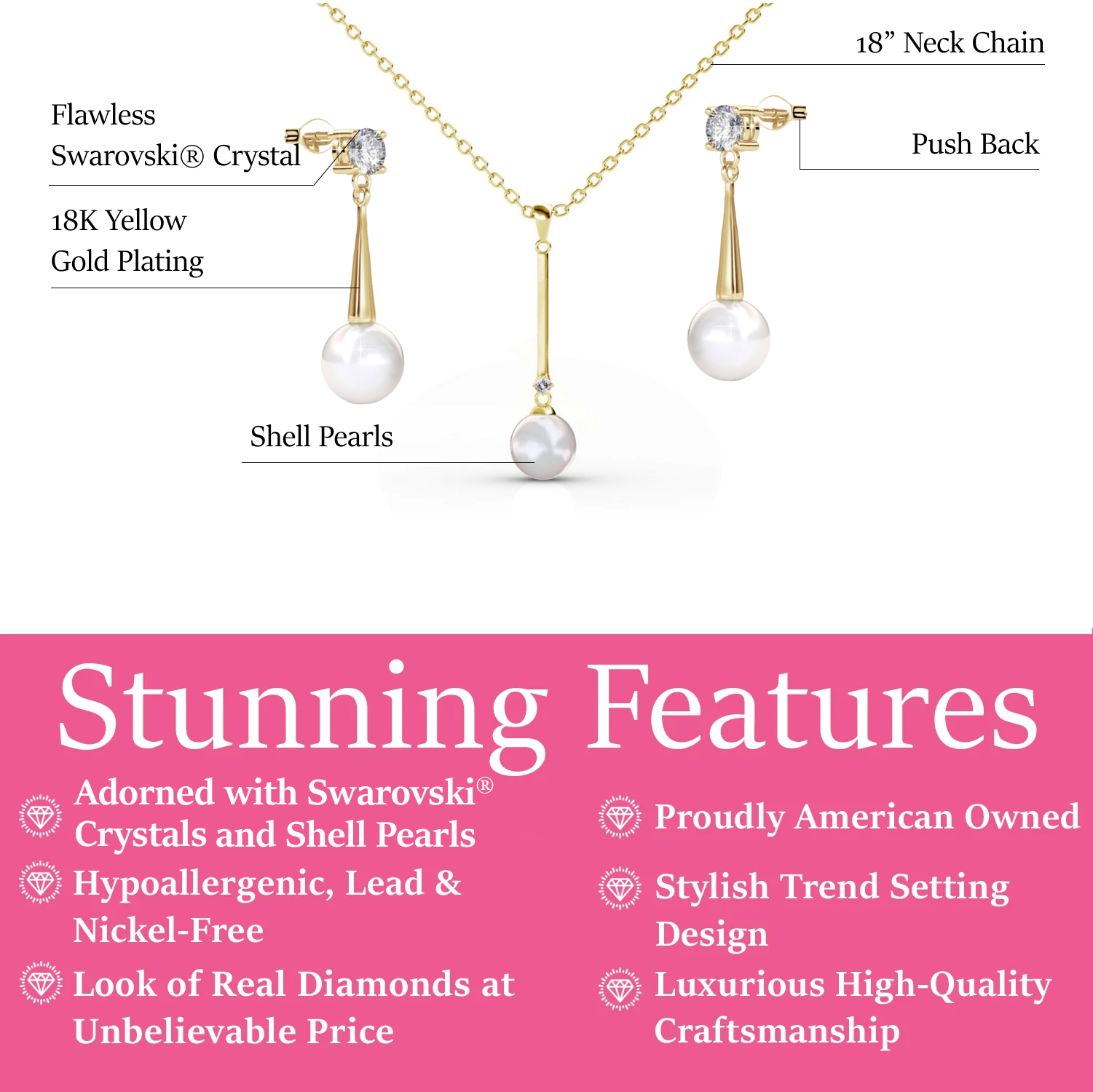 Tatum 18k White Gold Plated Pearl Necklace and Dangle Earrings Jewelry Set with Swarovski Crystals
