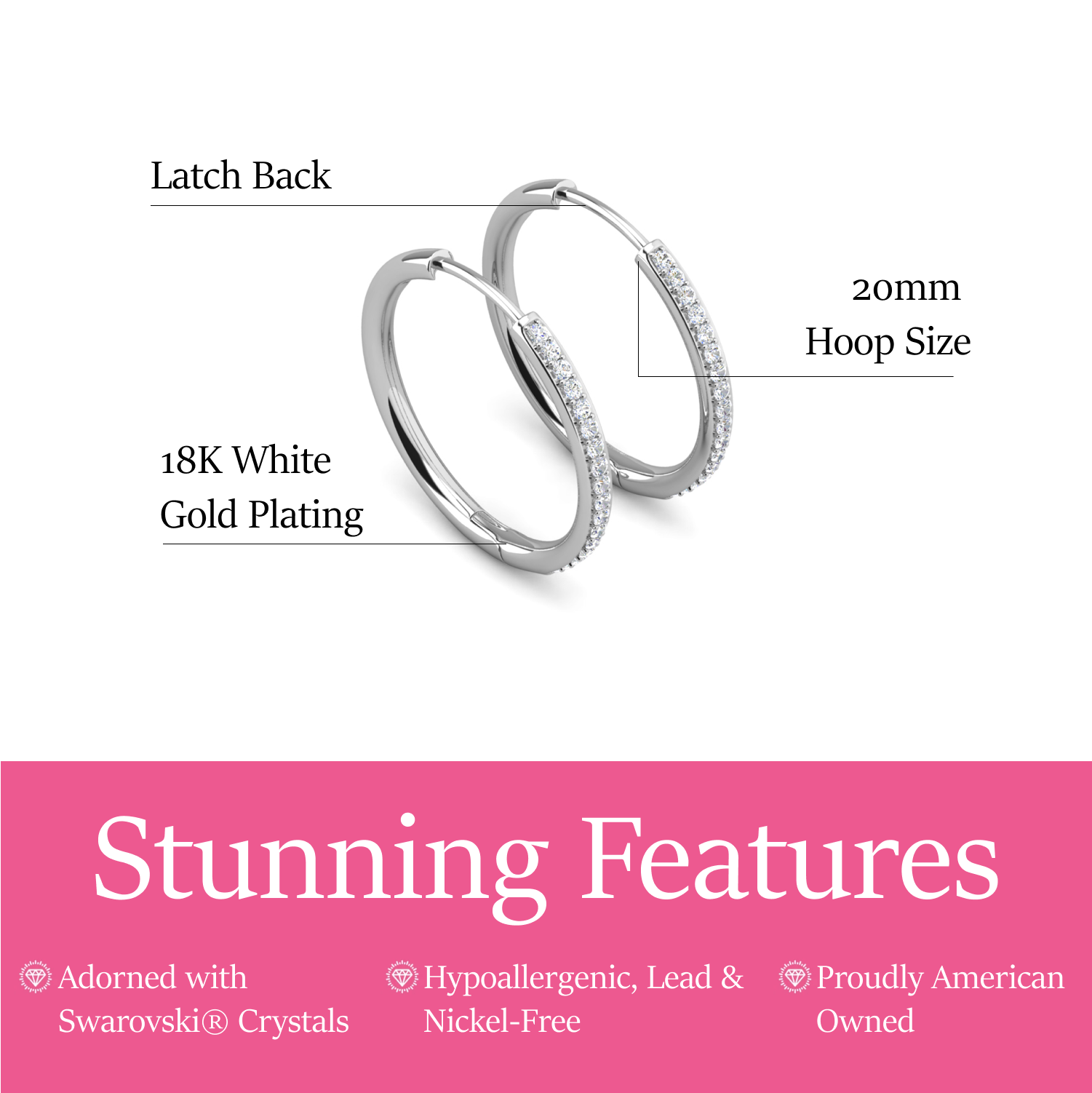 Leslie 18k White Gold Plated 10mm-40mm Hoop Earrings with Swarovski Crystals