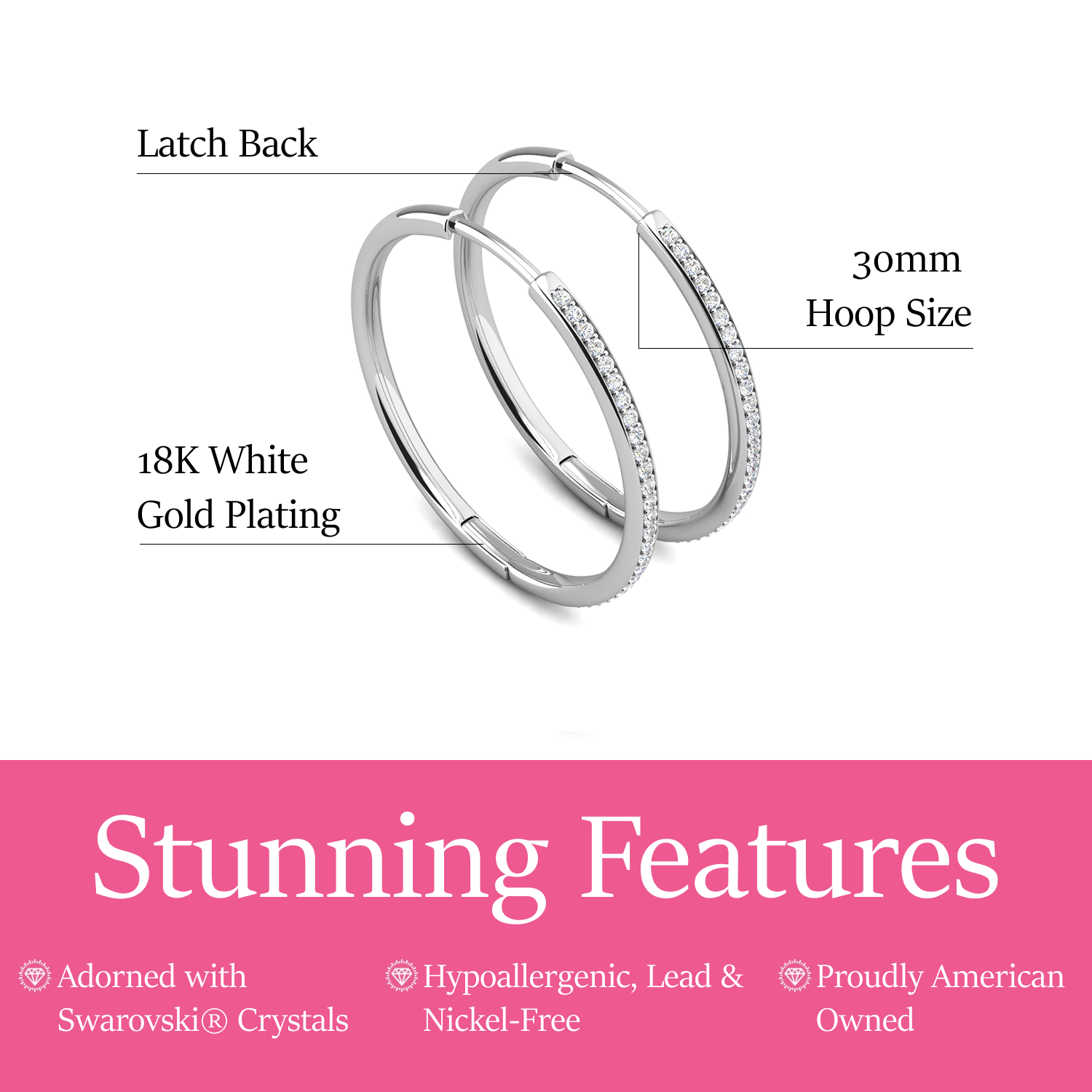 Leslie 18k White Gold Plated 10mm-40mm Hoop Earrings with Swarovski Crystals