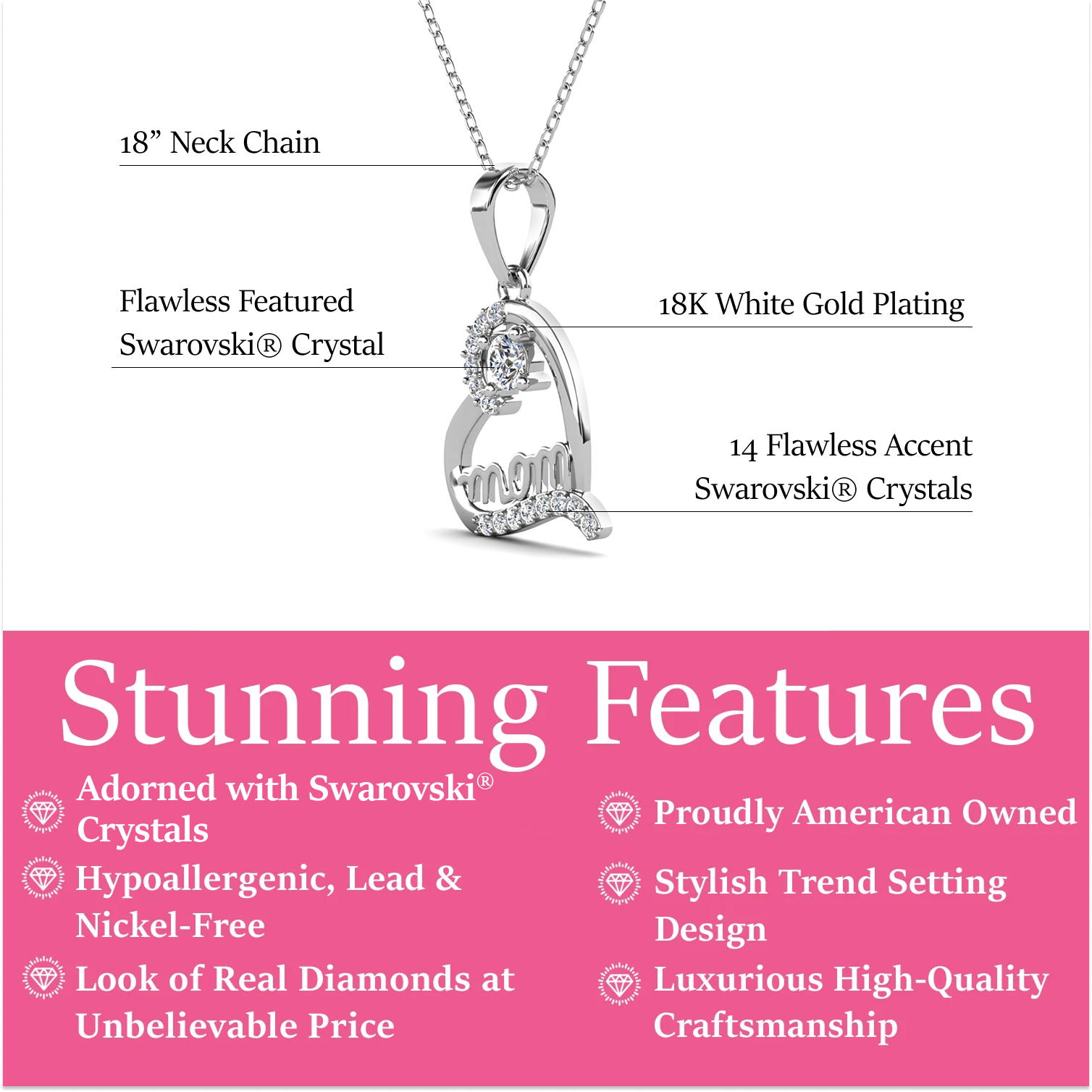 Mom 18k White Gold Plated Necklaces with Swarovski Crystals and Message Card