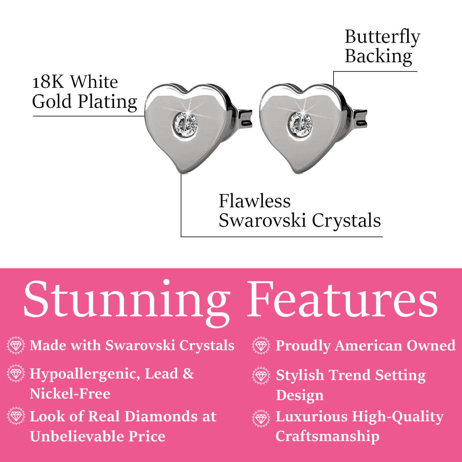 Vanessa 18k White Gold Plated Heart Stud Earrings with Swarovski Crystal