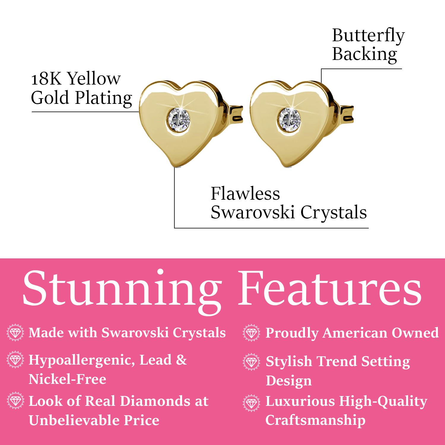 Vanessa 18k White Gold Plated Heart Stud Earrings with Swarovski Crystal