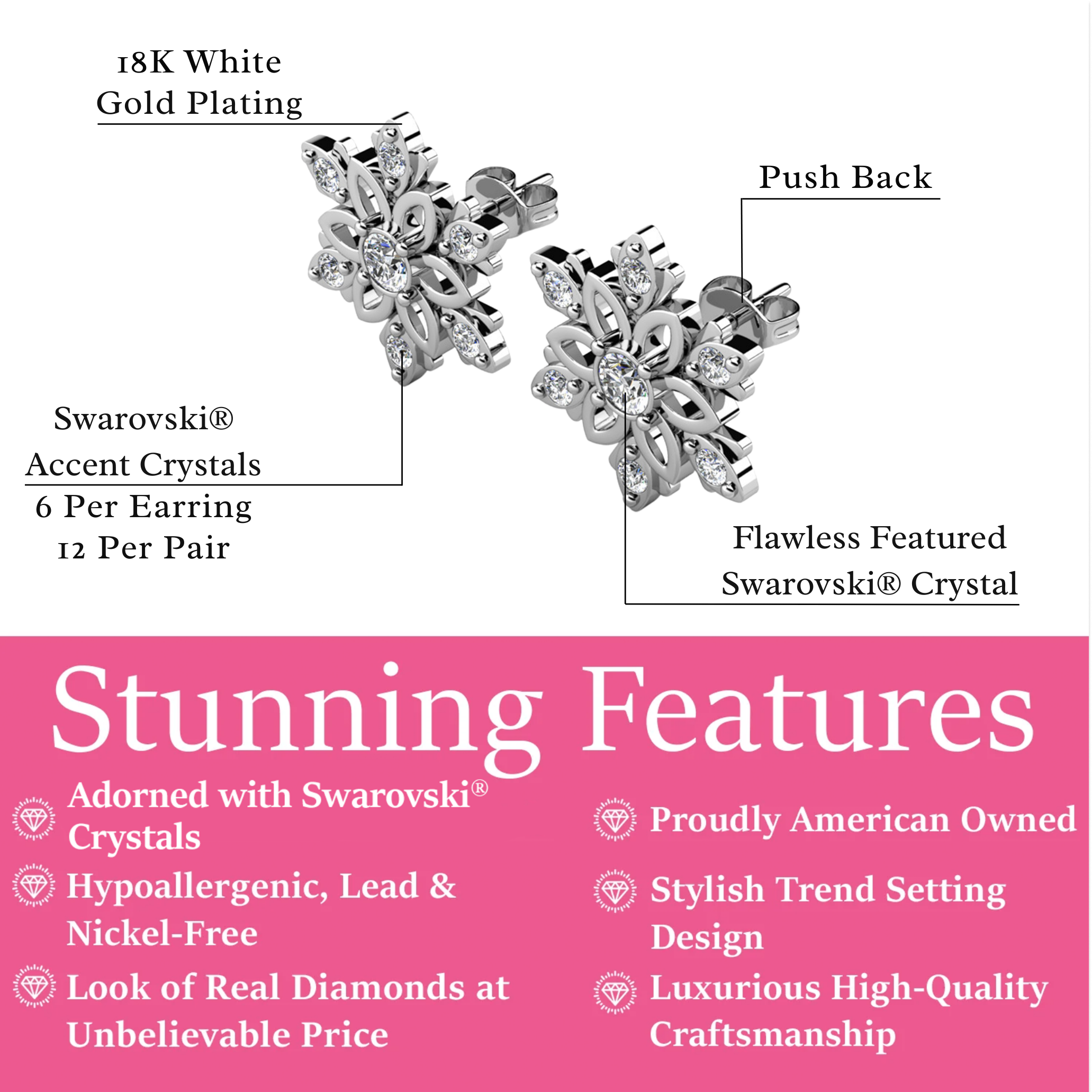 Sunny 18k White Gold Plated Crystal Stud Earrings with Swarovski Crystals