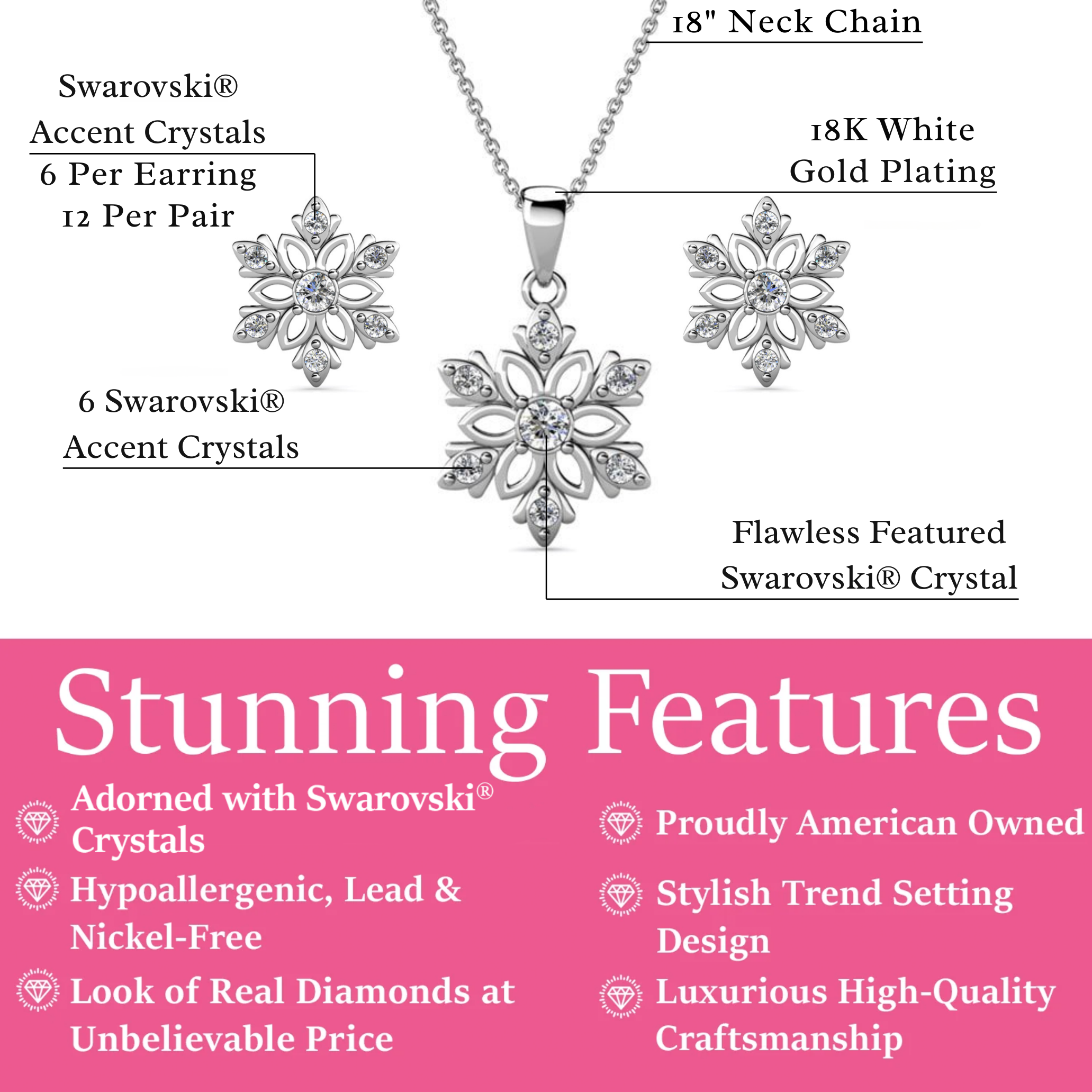 Sunny 18k White Gold Plated Necklace and Stud Earrings Jewelry Set with Swarovski Crystals