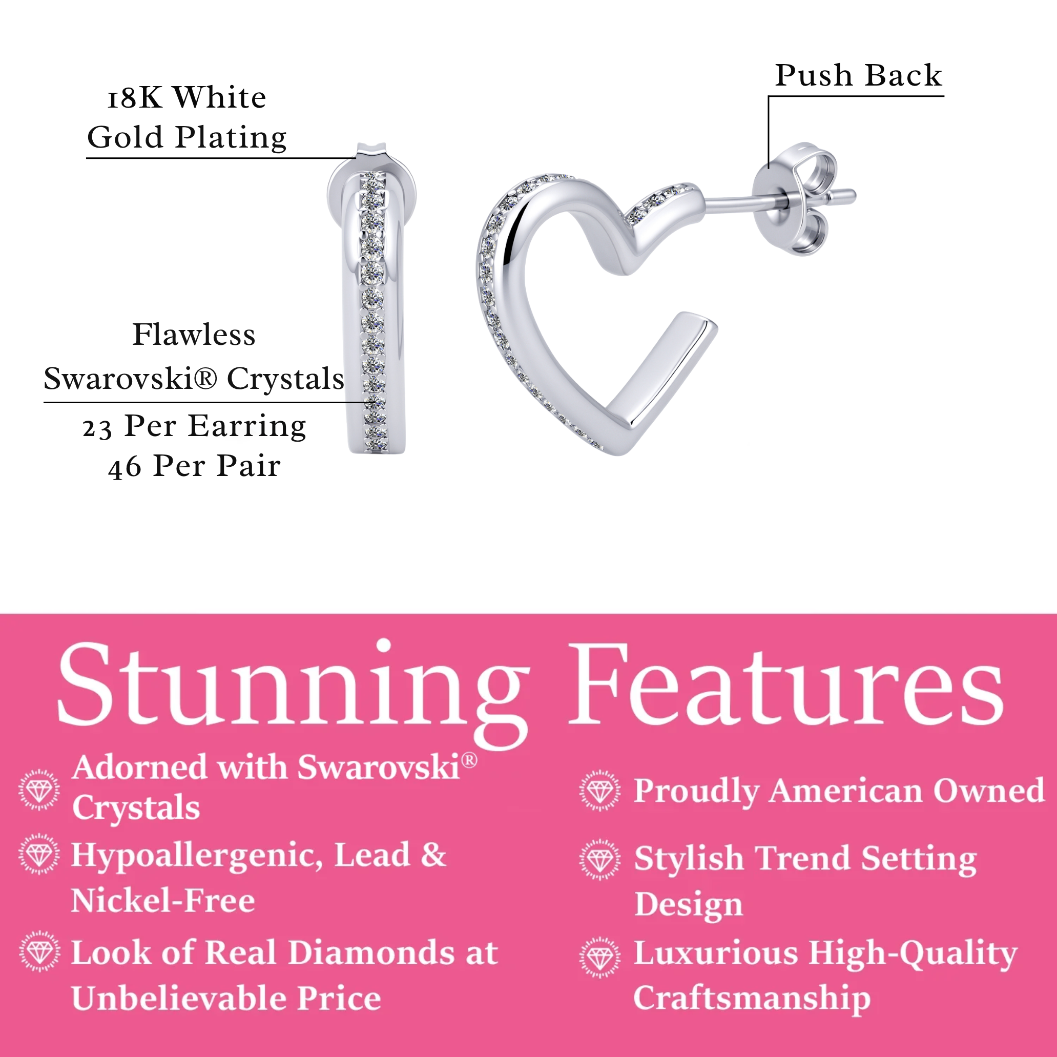Sylvia 18k White Gold Plated 25mm Heart Hoop Earrings with Swarovski Crystals
