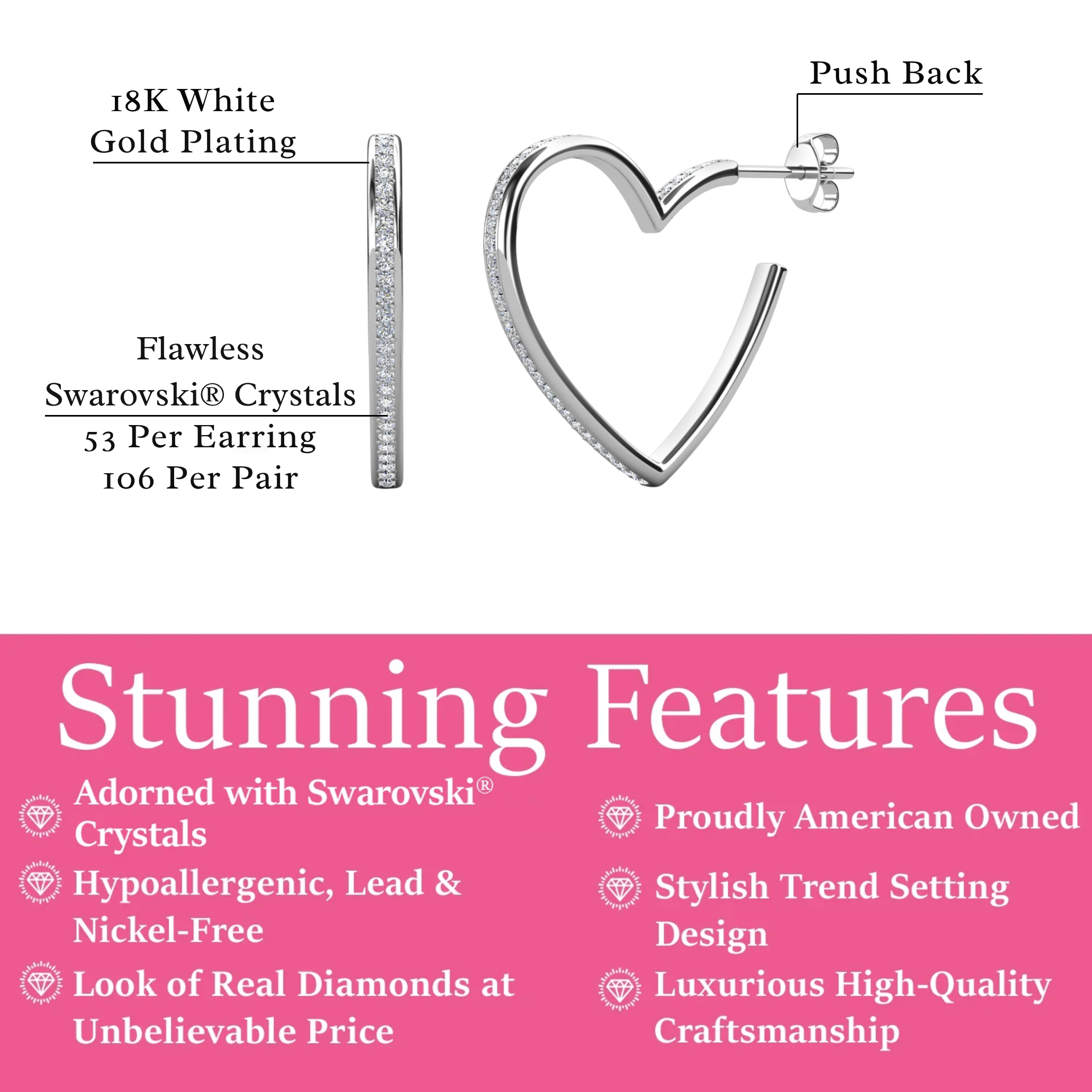 Sylvia 18k White Gold Plated 25mm Heart Hoop Earrings with Swarovski Crystals